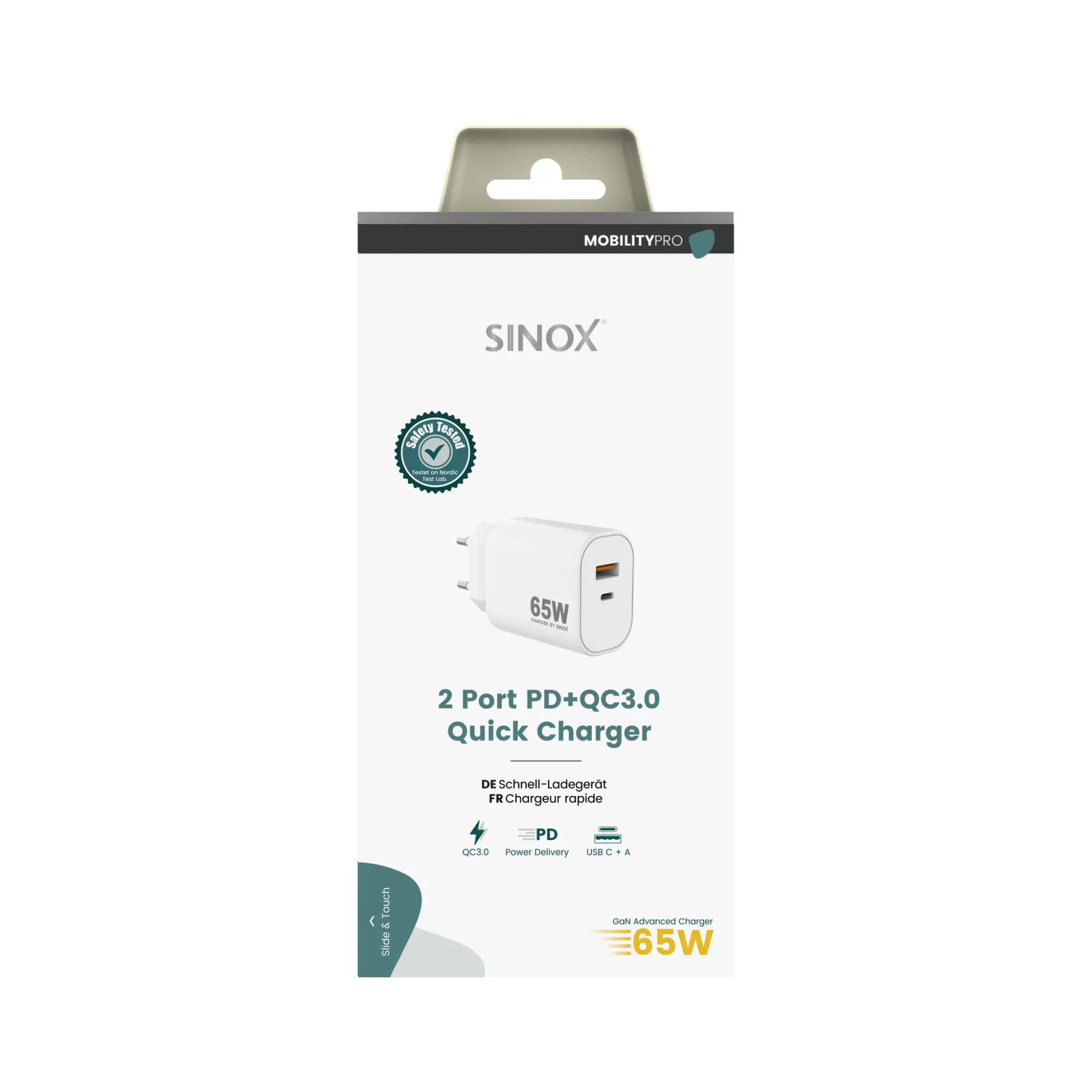 Sinox PRO väggladdare USB-A+USB-C PD 65W. Vit