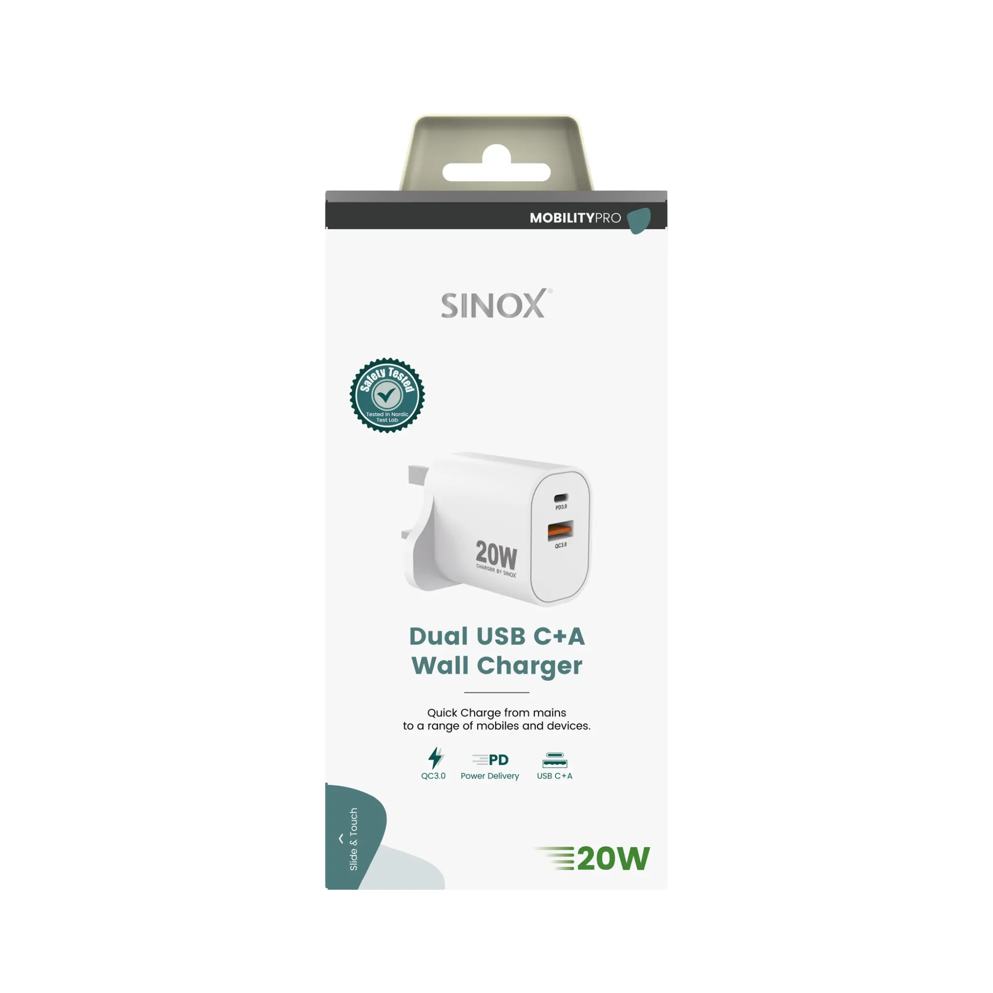 Sinox PRO 230V (UK) USB-A+USB-C laddare 20W. Vit
