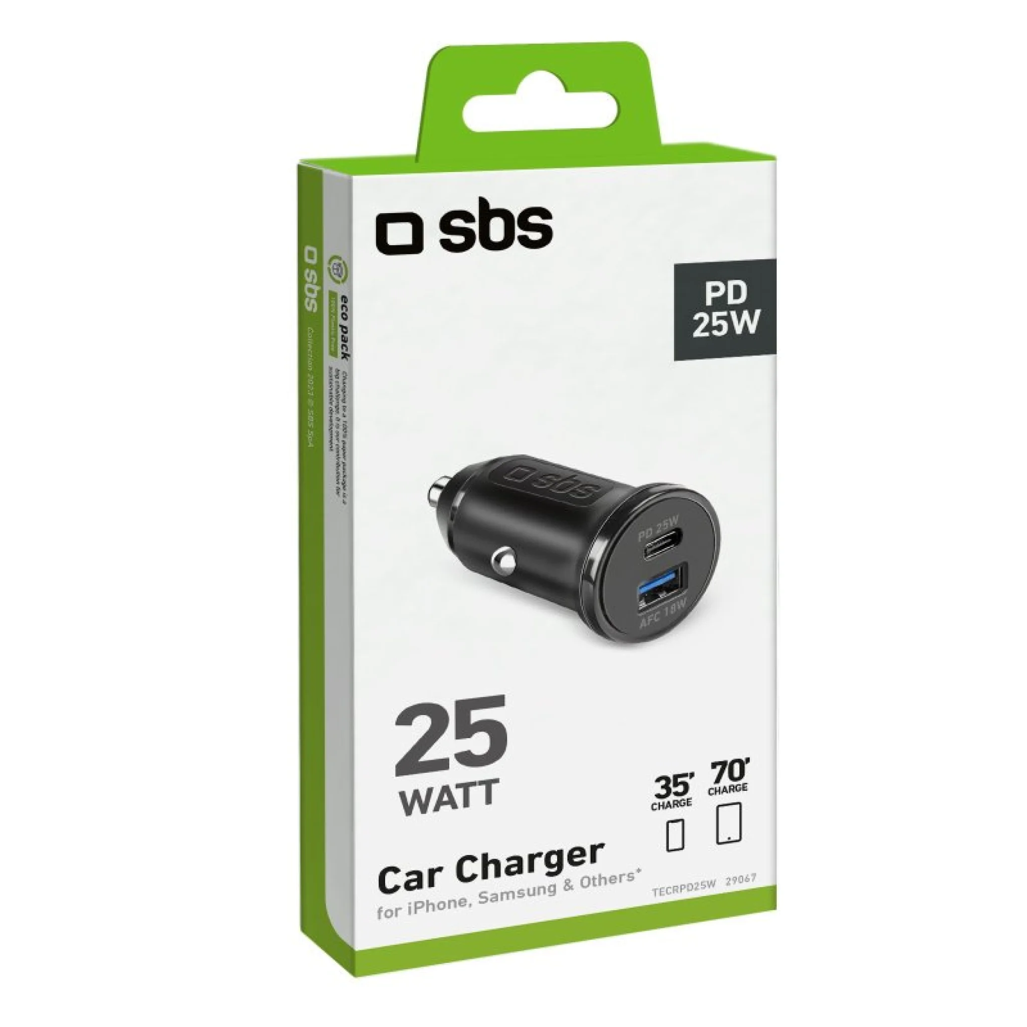 SBS 25W billaddare - ultrasnabb laddning med Power Delivery (PD). Svart