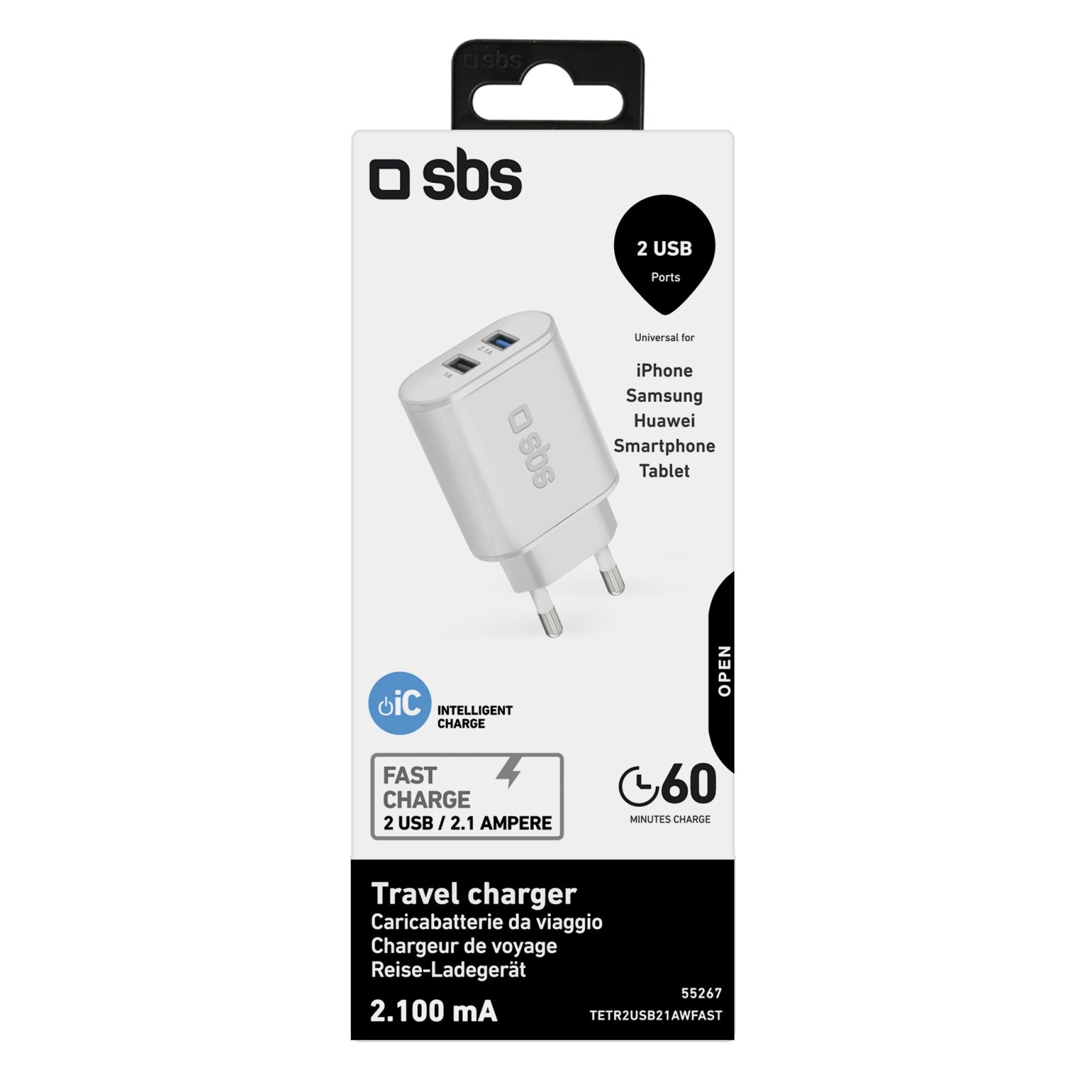 SBS 2100 mAh laddare. 2,1A + 1A. Vit