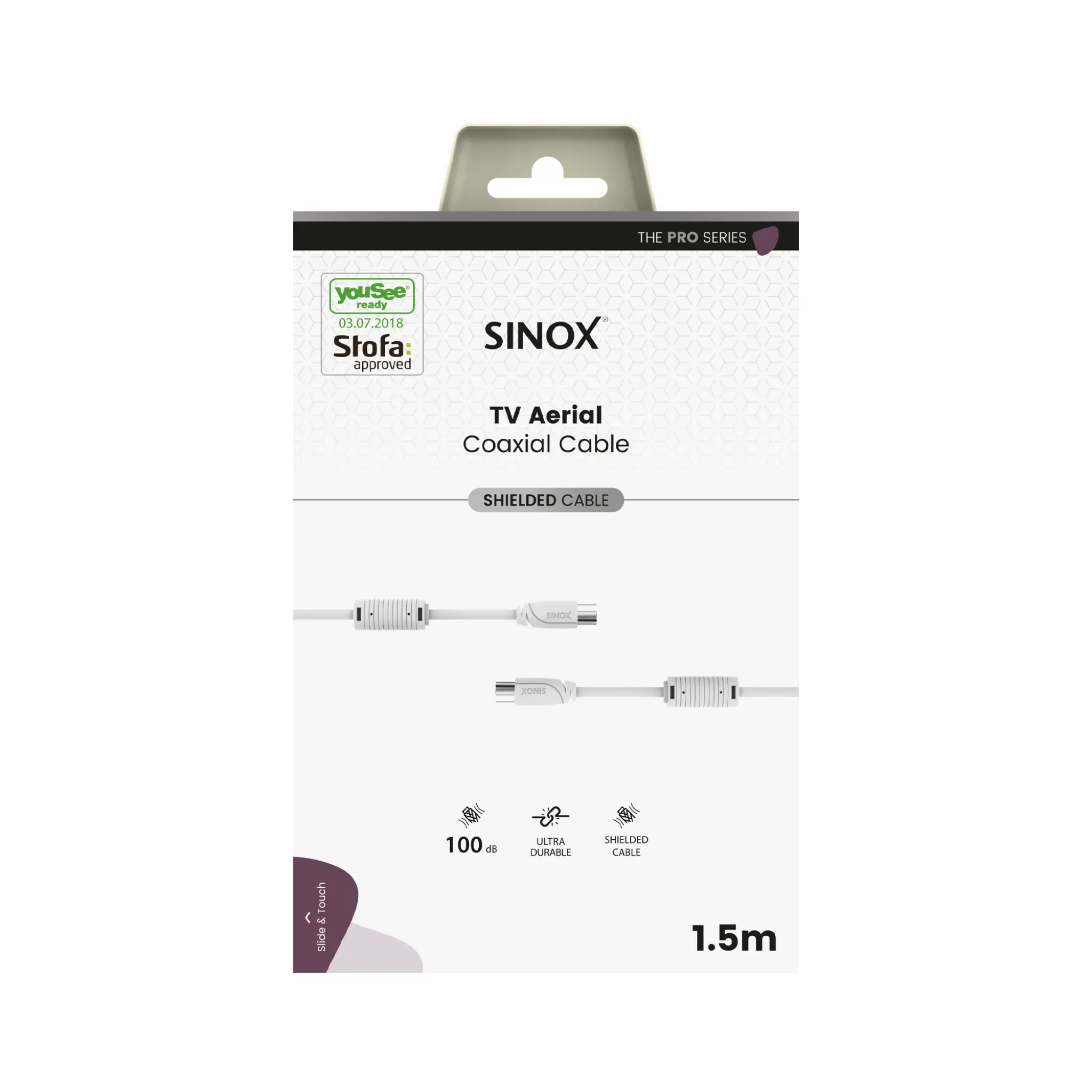 Sinox PRO antennkabel YouSee Ready & Stofa godkänd. 1,5m. Vit