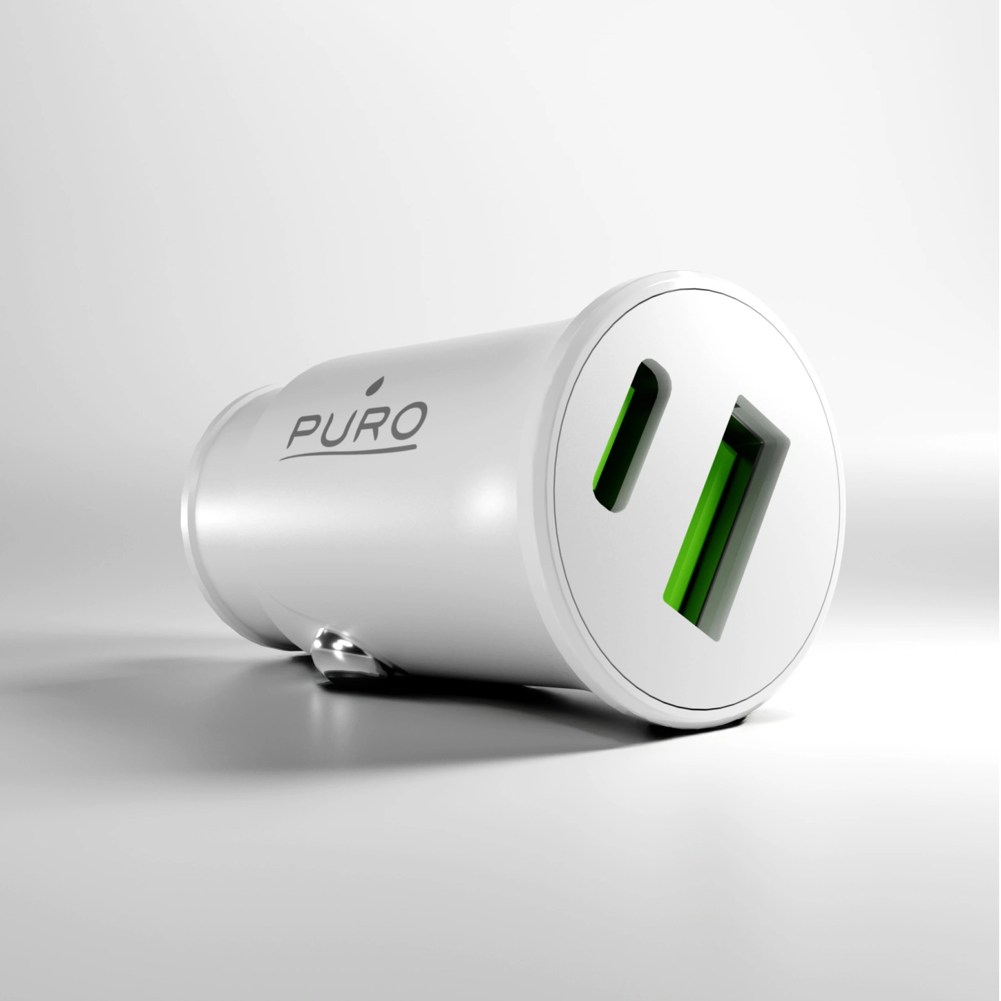 PURO Pro Lite billaddare med 1 USB-A-port och 1 USB-C-port. Vit färg