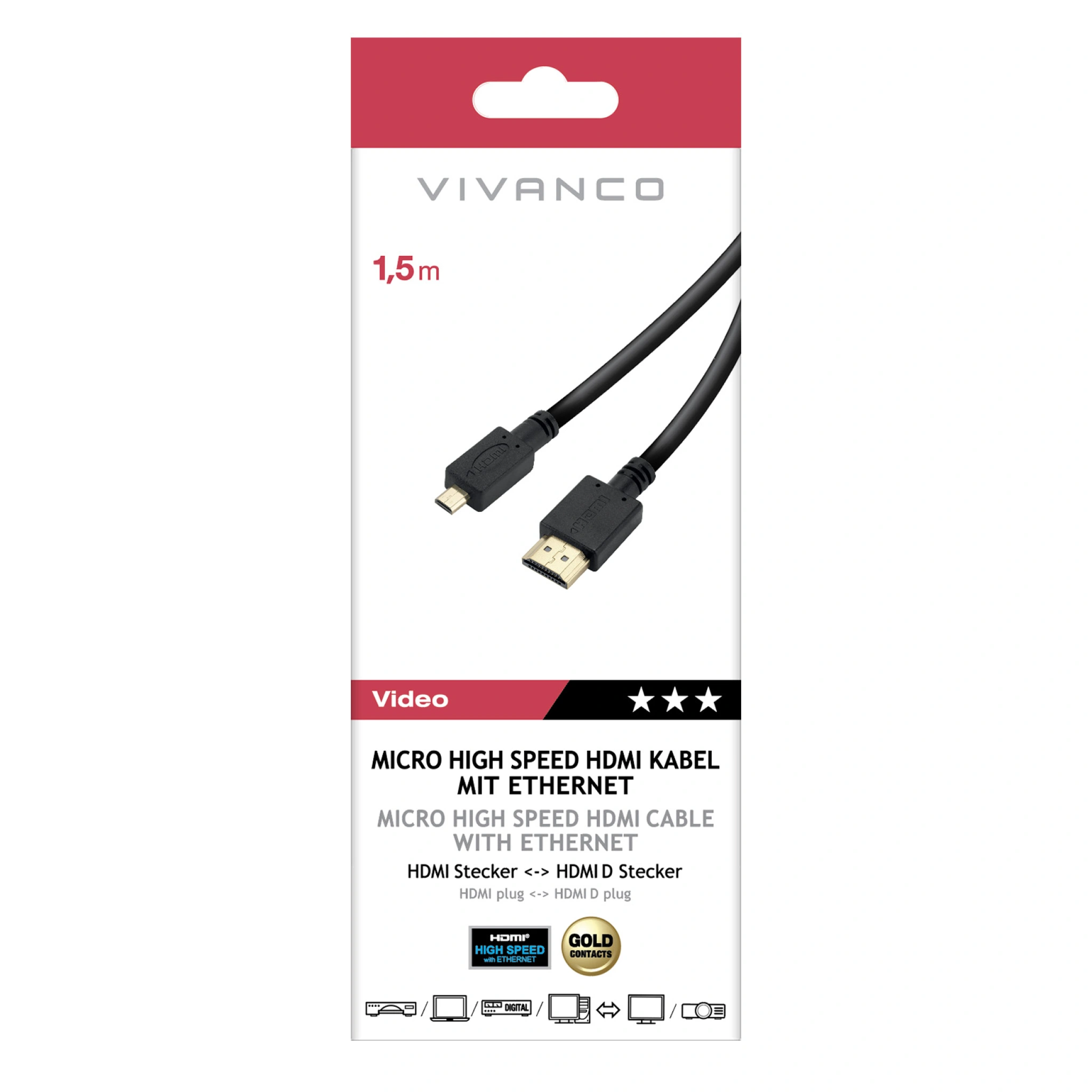 Vivanco Premium höghastighets HDMI-kabel med Ethernet, 1,5 m