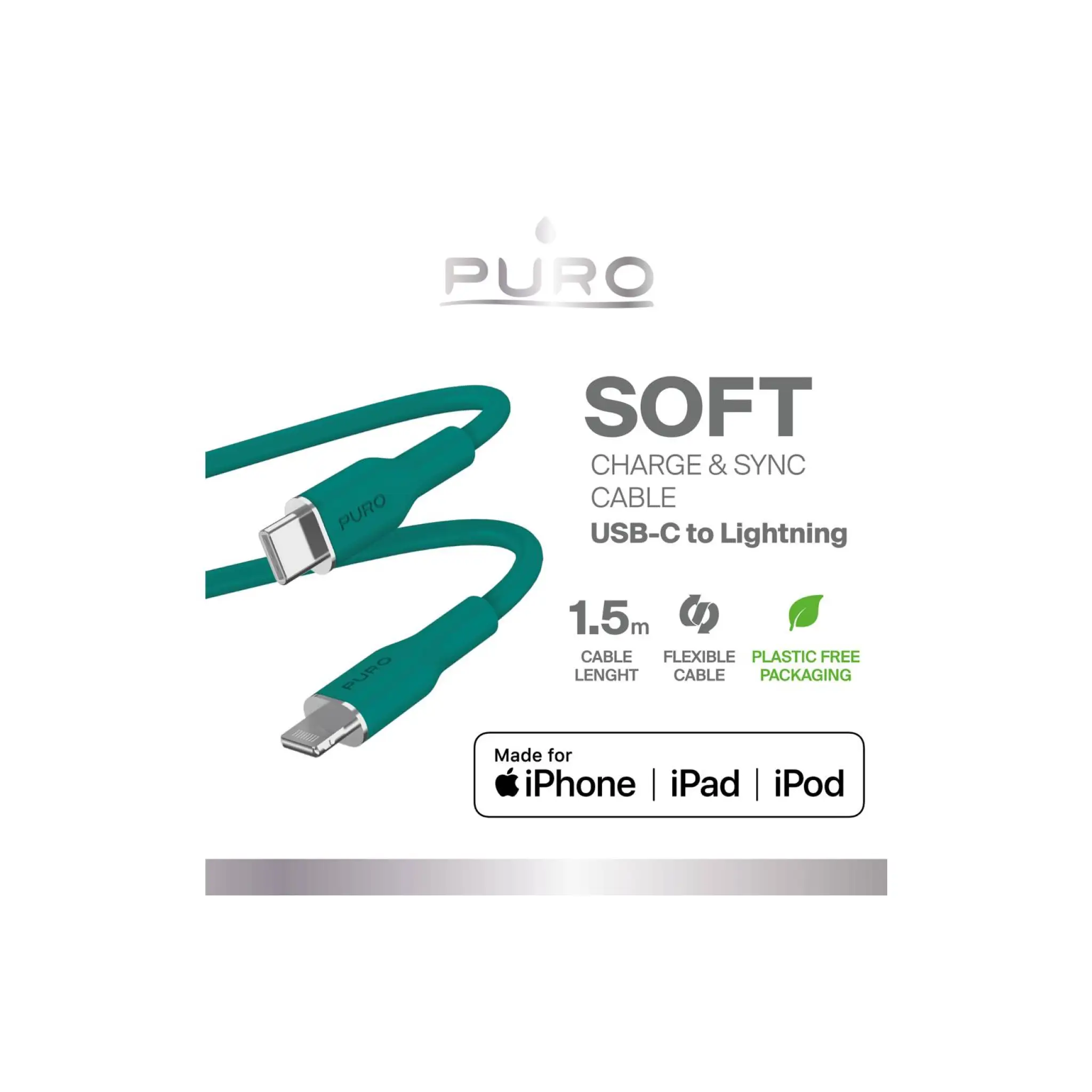 PURO SOFT-kabel för ström- och datasynkronisering från USB-C till Lightning 1,5 m