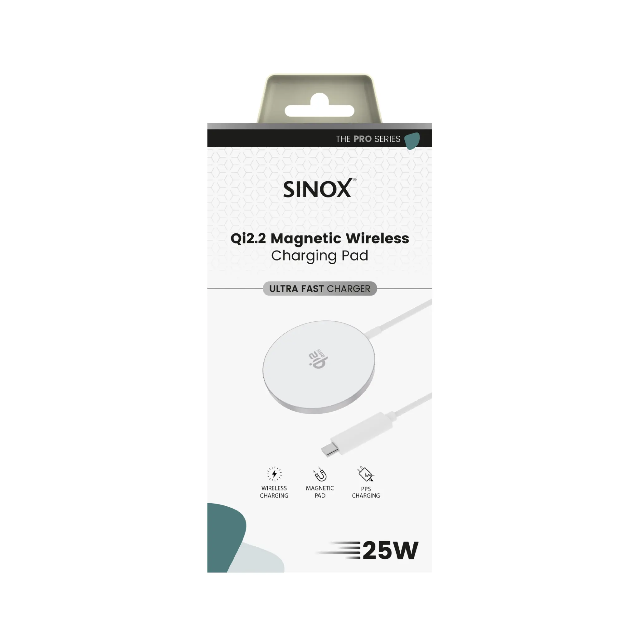 Sinox PRO magnetisk trådlös Qi 2.2-laddare, 25 W. 1,2 m. Vit