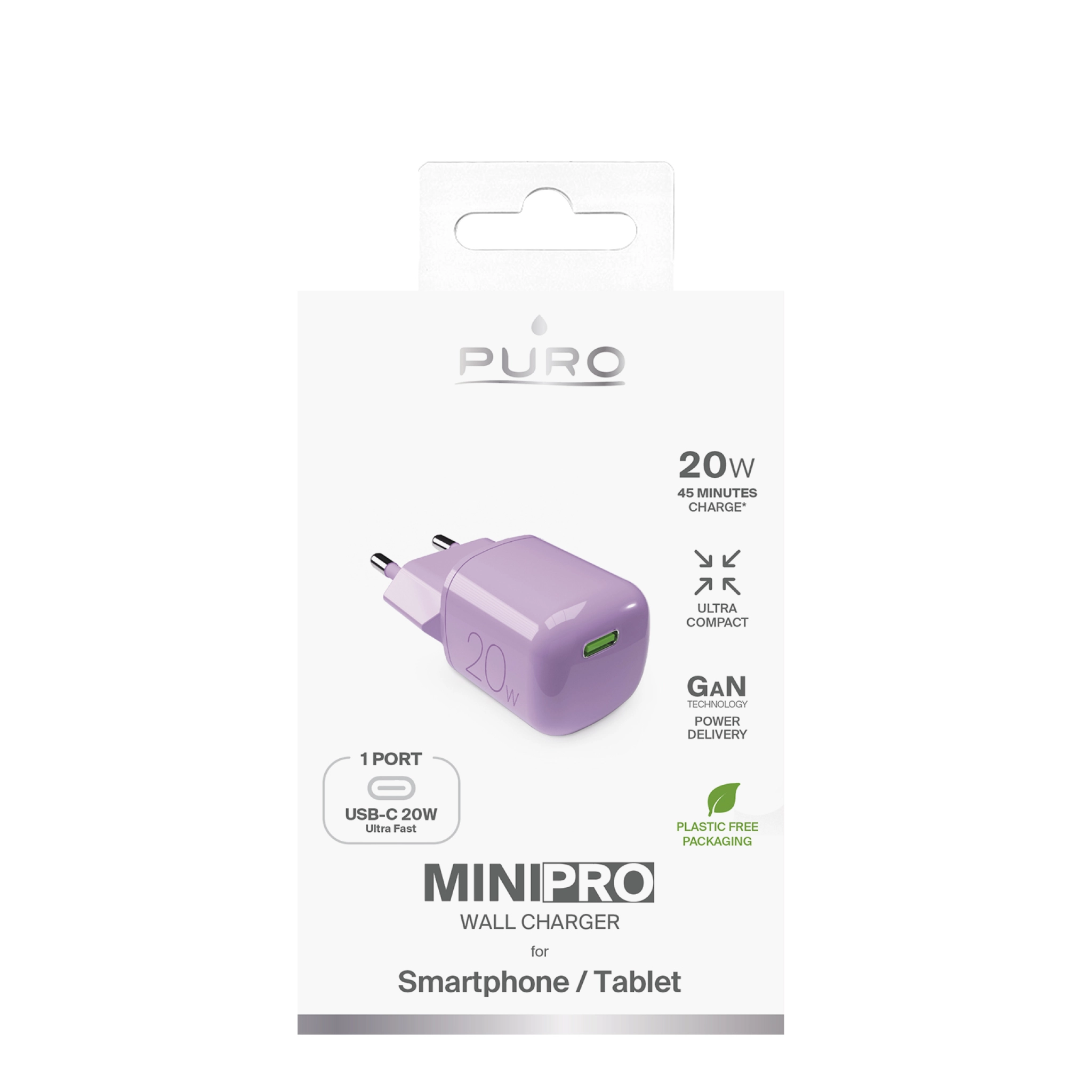 PURO MiniPro 20W USB-C väggladdare - GAN-teknik. Rosa