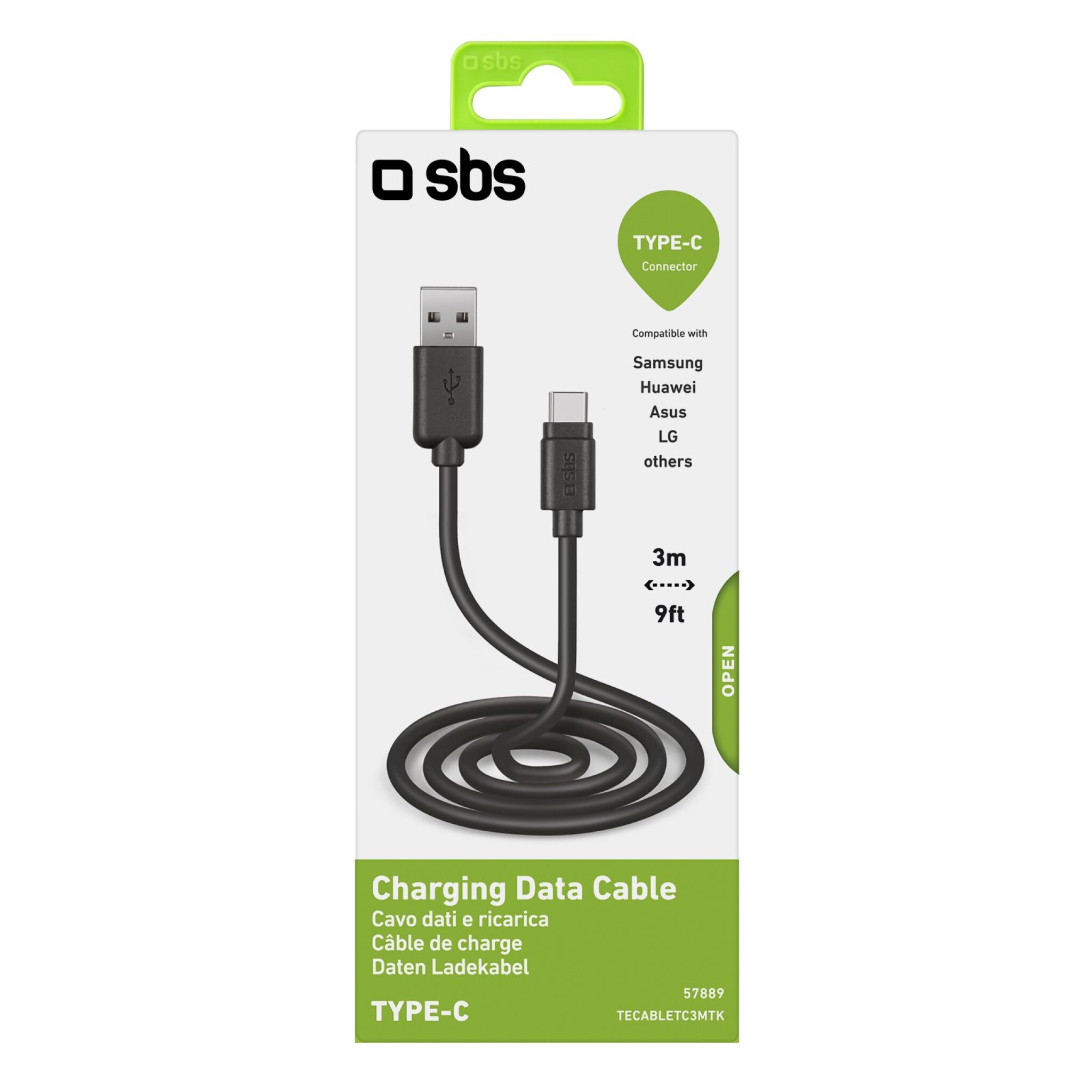 SBS data- och uppladningskabel USB-C. 3m. Svart