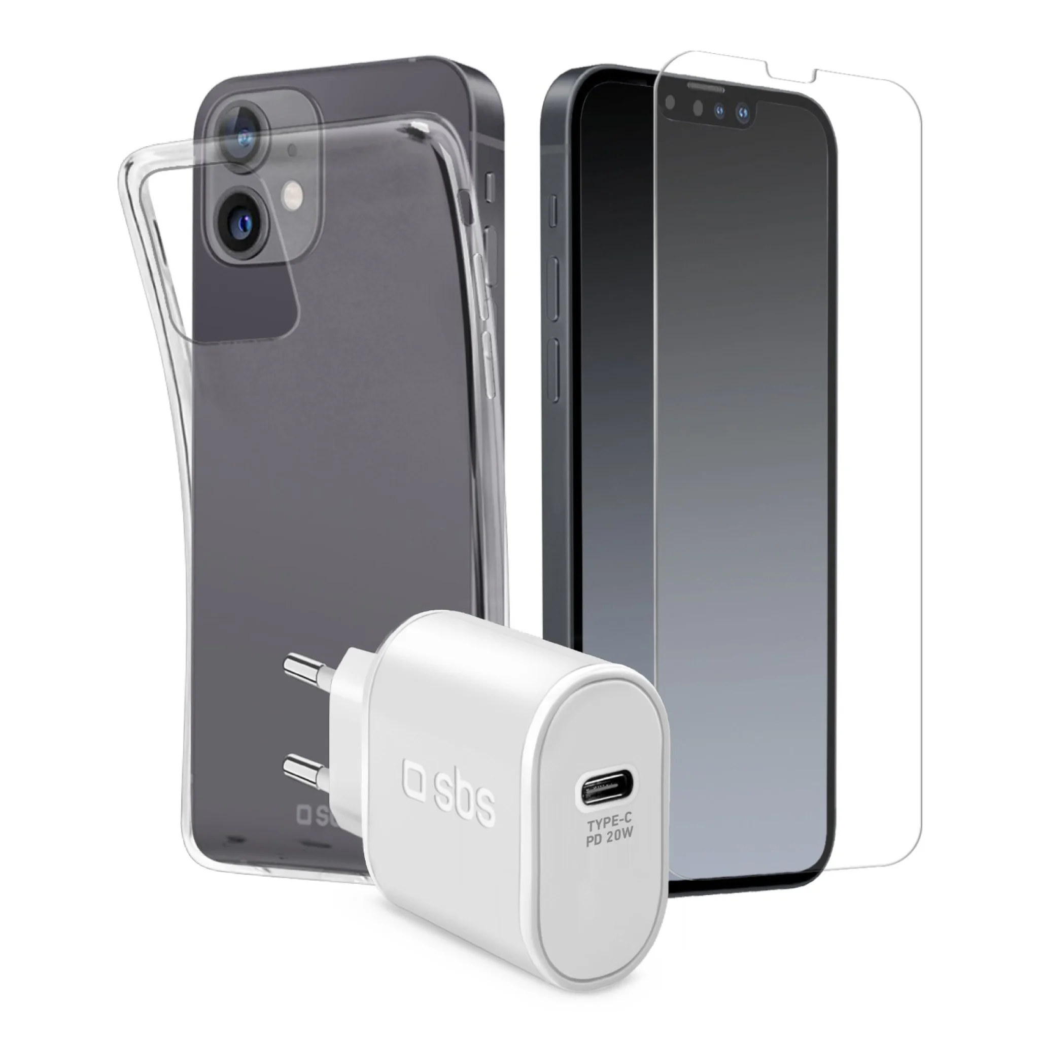 SBS set bestående av SBS-laddare, mobilskal och skyddsglas för iPhone 13®