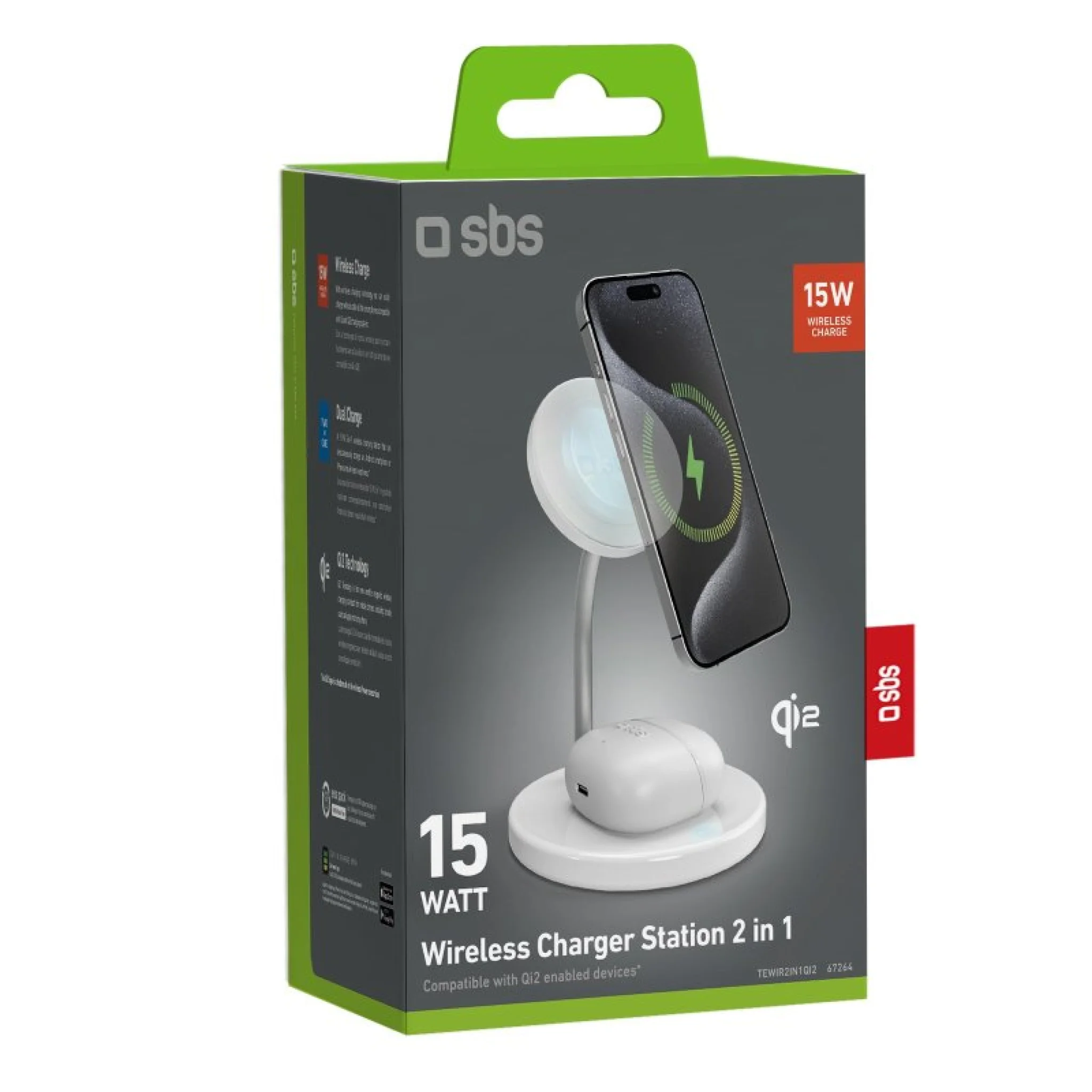 SBS Qi2 2x1 trådlös laddningsstation 15W, vit