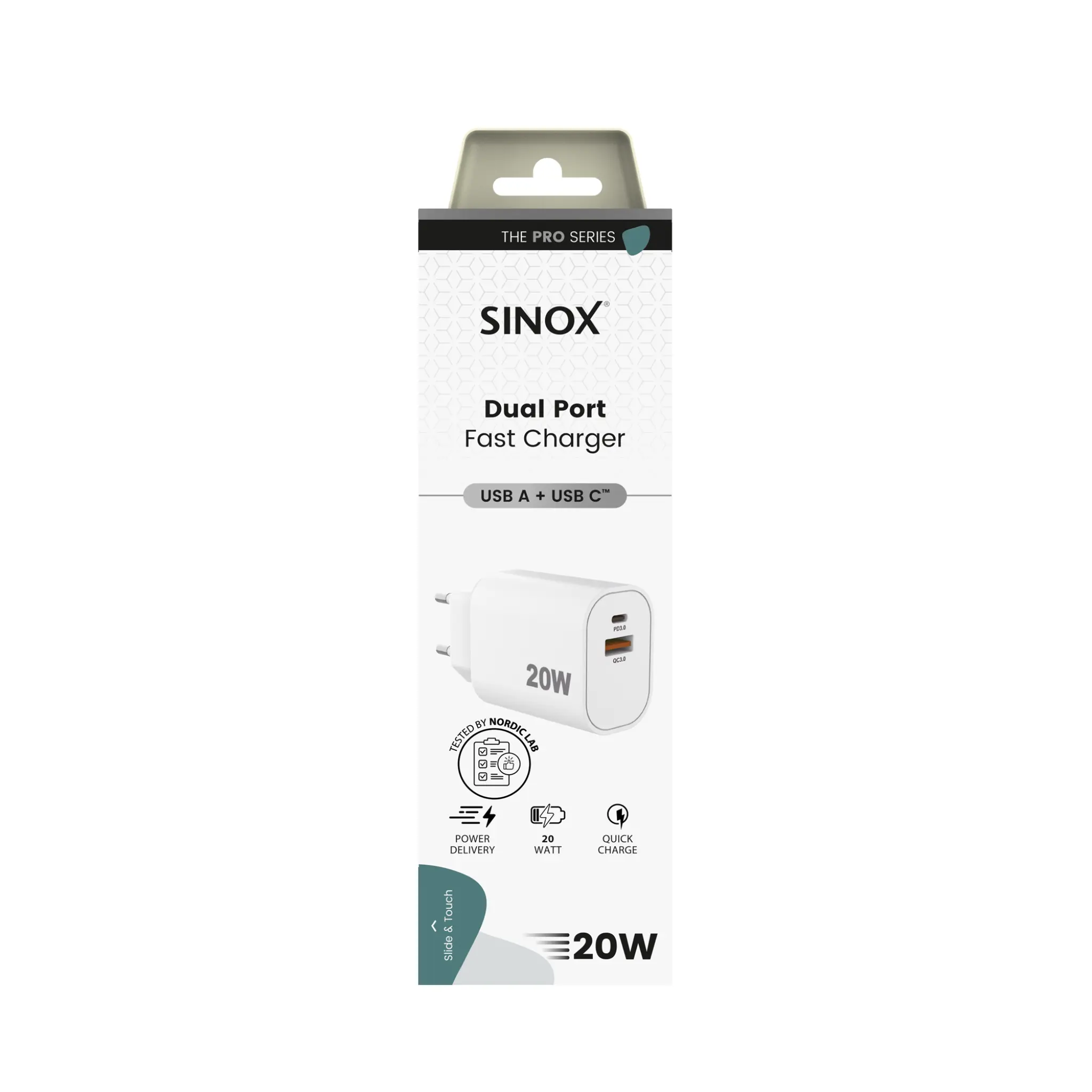 Sinox PRO väggladdare USB-A+USB-C 20W. Vit