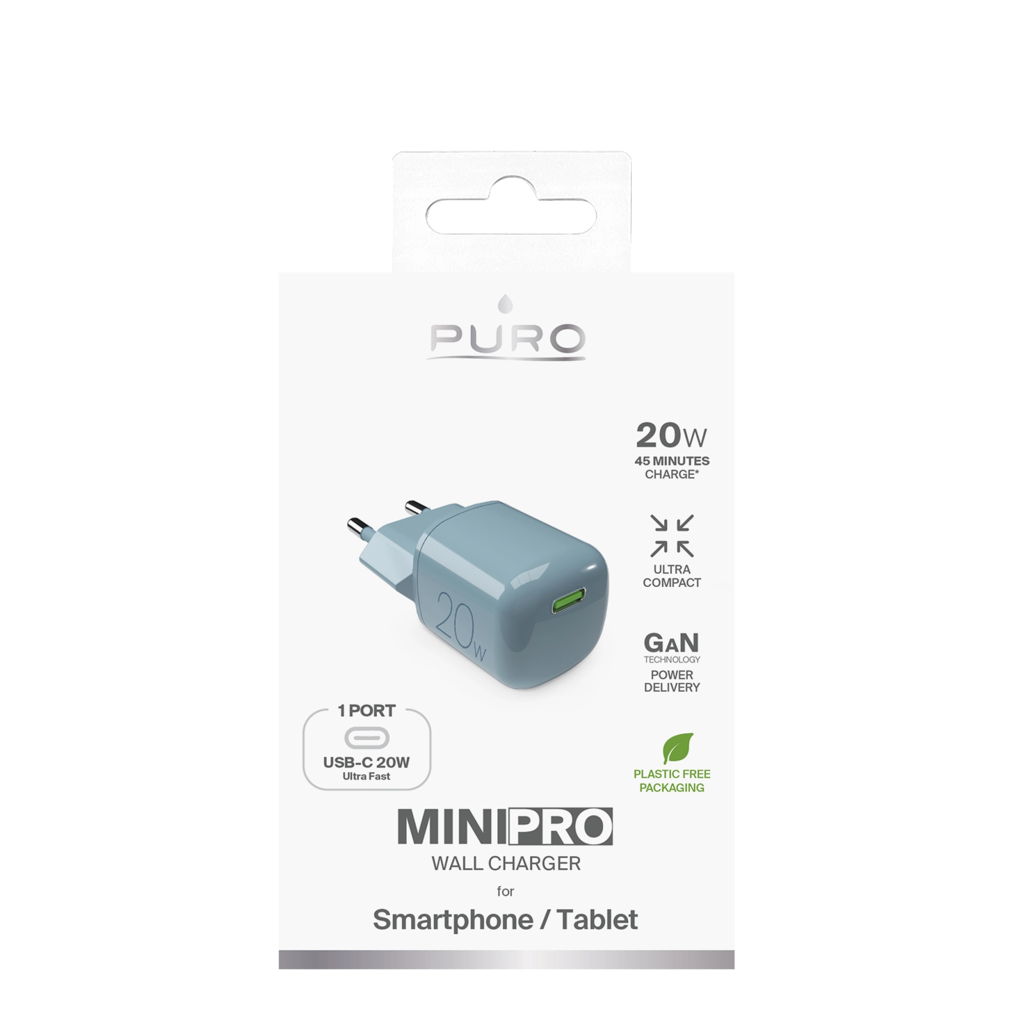 PURO MiniPro 20W USB-C väggladdare - GAN-teknik. Grön