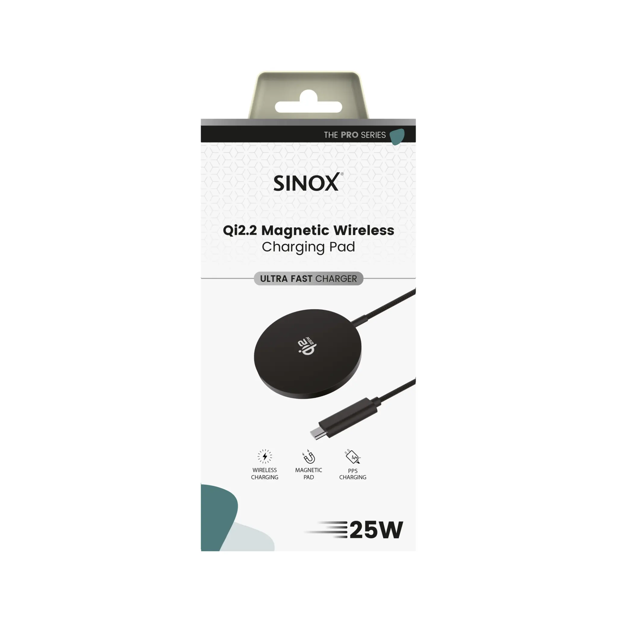 Sinox PRO magnetisk trådlös Qi 2.2-laddare, 25 W. 1,2 m. Svart