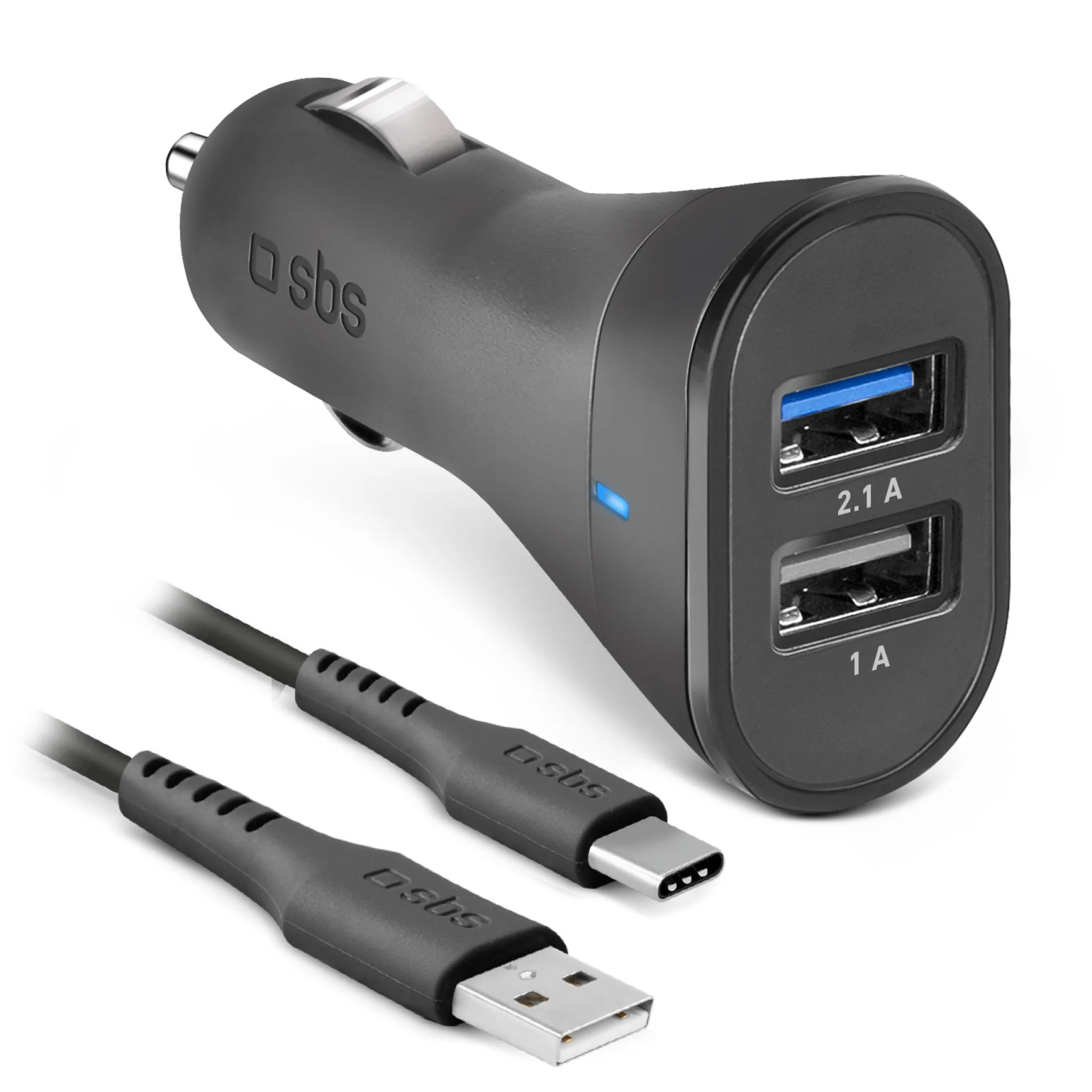 SBS Billaddare med 2 USB-portar och USB-C-kabel. 1m. Svart