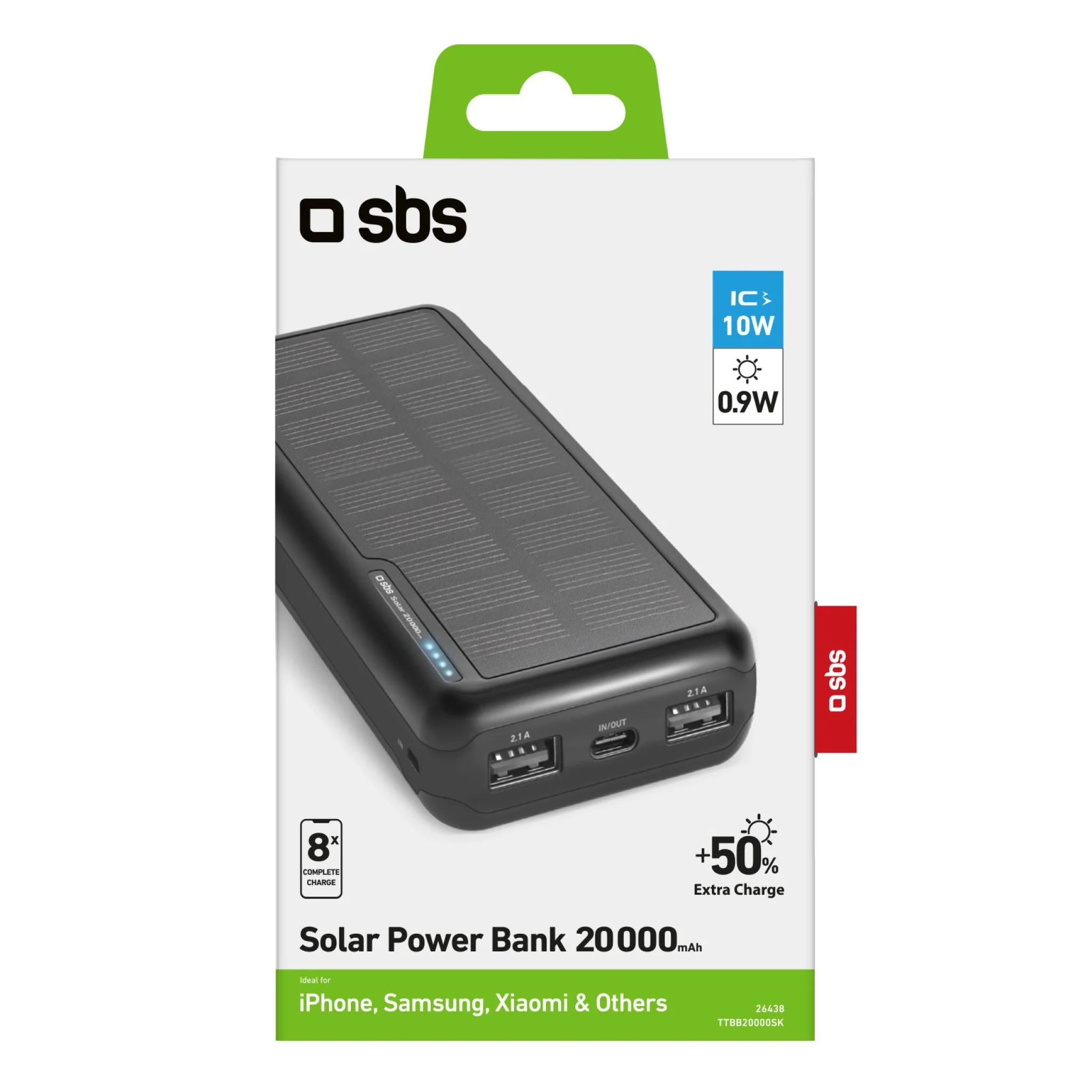SBS powerbank med solceller. 20.000 mAh. Svart