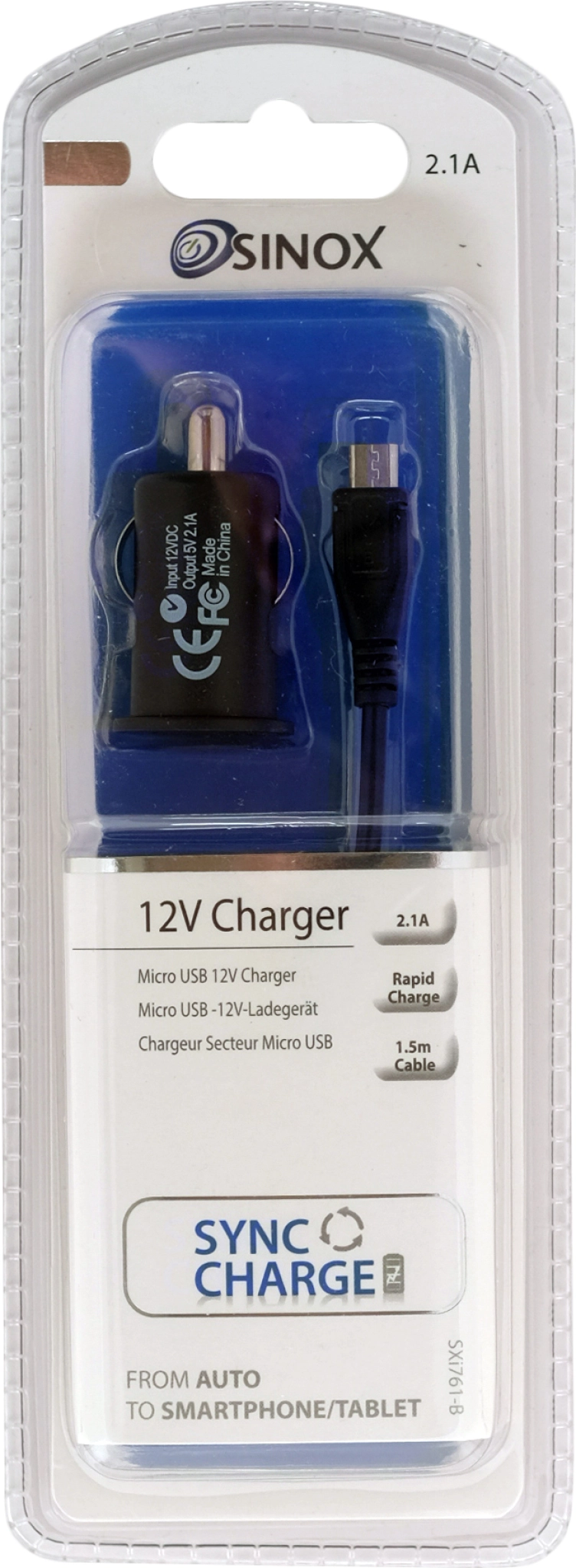 Sinox USB A billaddare med mikro-USB-kabel. 2,4A. 1,5m. Svart