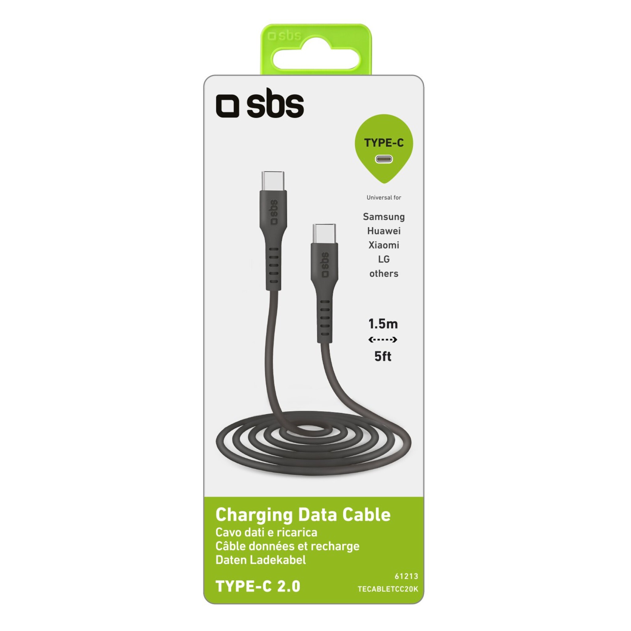 SBS USB-C till USB-C kabel. 1,5m. Svart