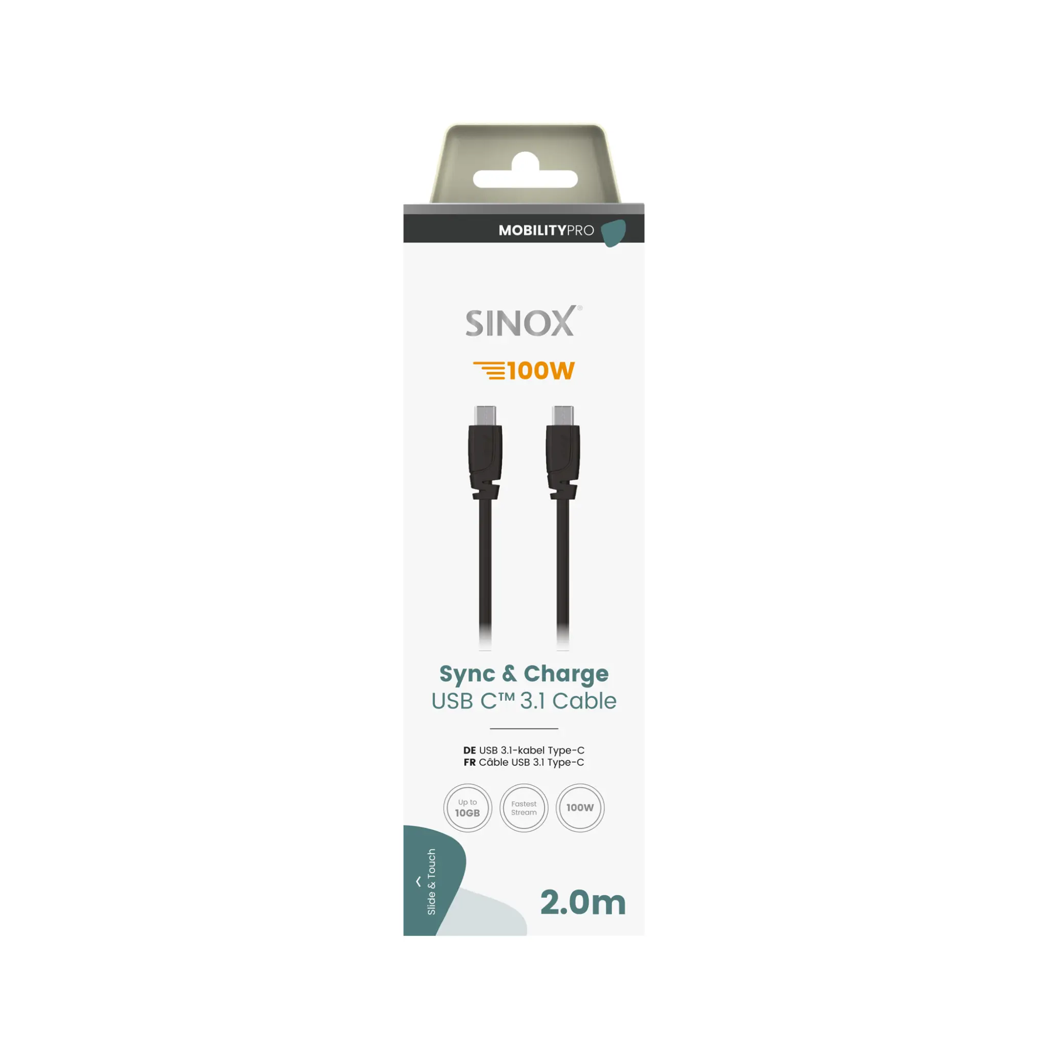 Sinox PRO USB C 3.1 kabel. 2m. Svart