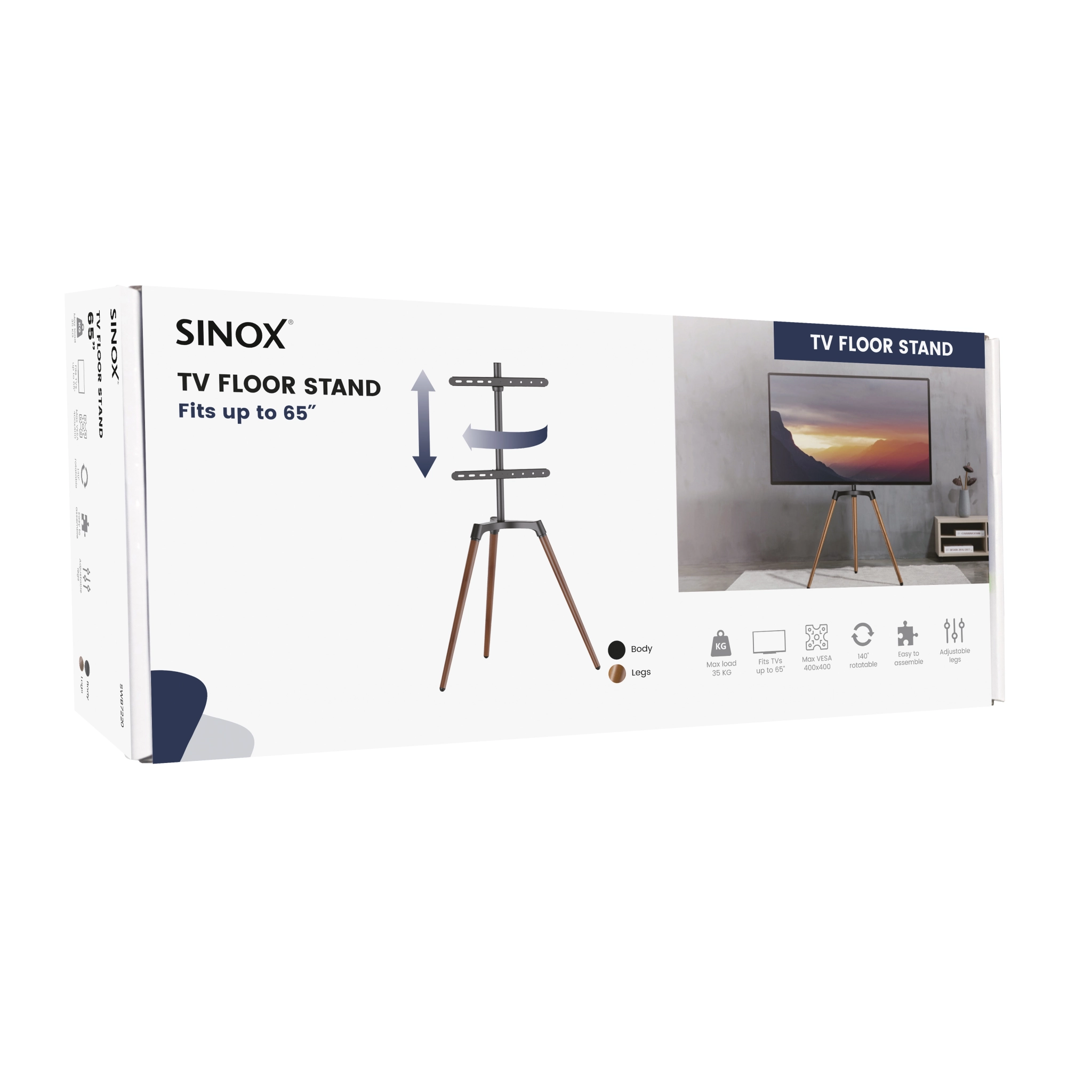 Sinox Tripod TV-golvstativ med svängbar topp. 50"-65". Mörkt trä/svart