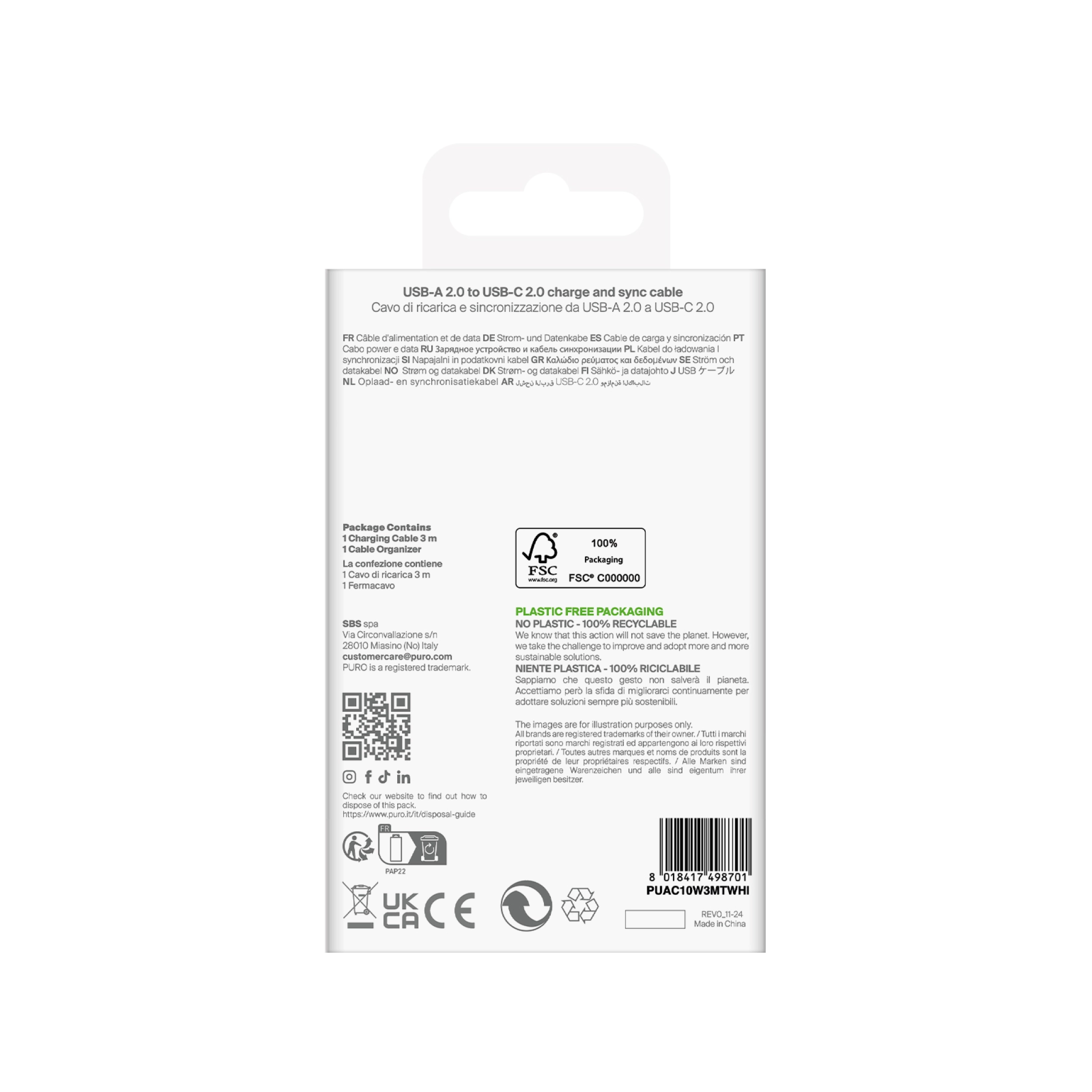 PURO TPE-kabel USB-A till USB-C, 3m, 2.0, 10W, vit