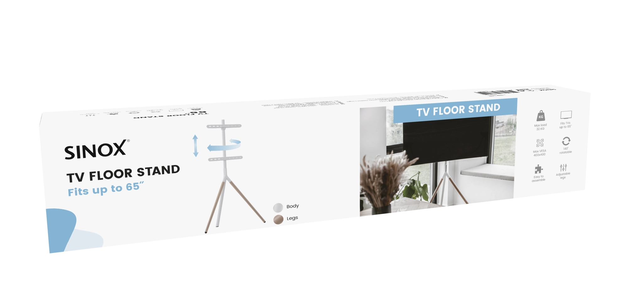 Sinox Tripod TV-golvstativ med svängbar topp. 45"-65". Ljust trä/vit