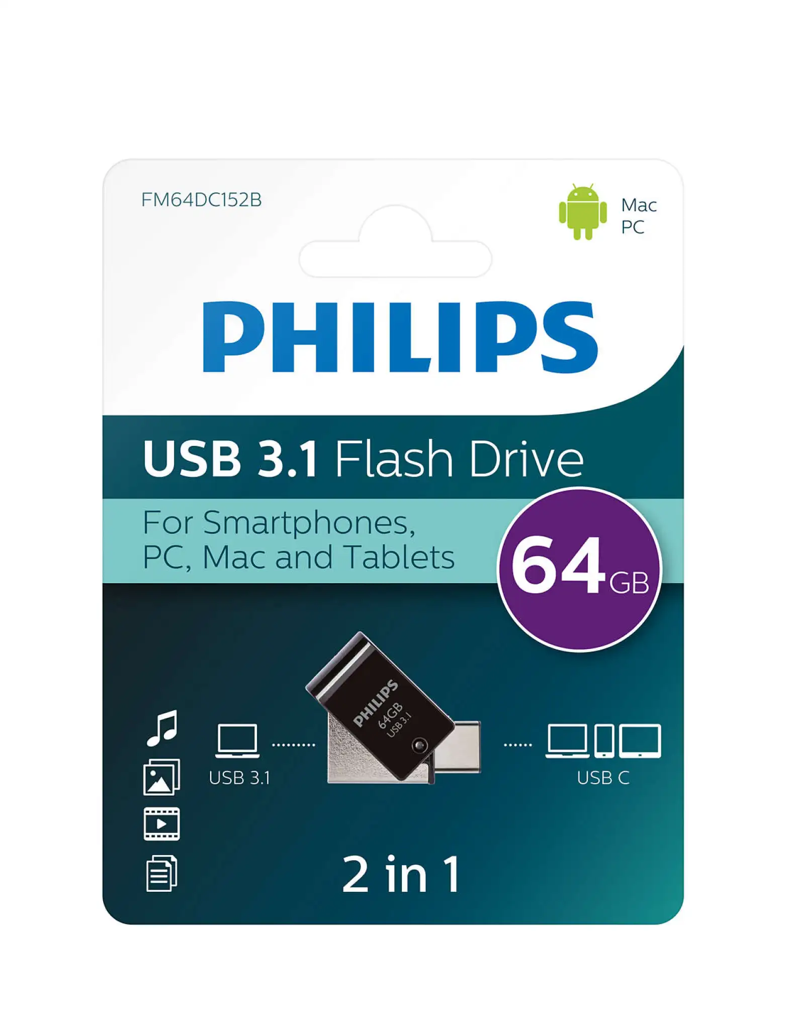 Philips USB Flash Drive 2-i-1. 64GB. USB 3.1 - USB C