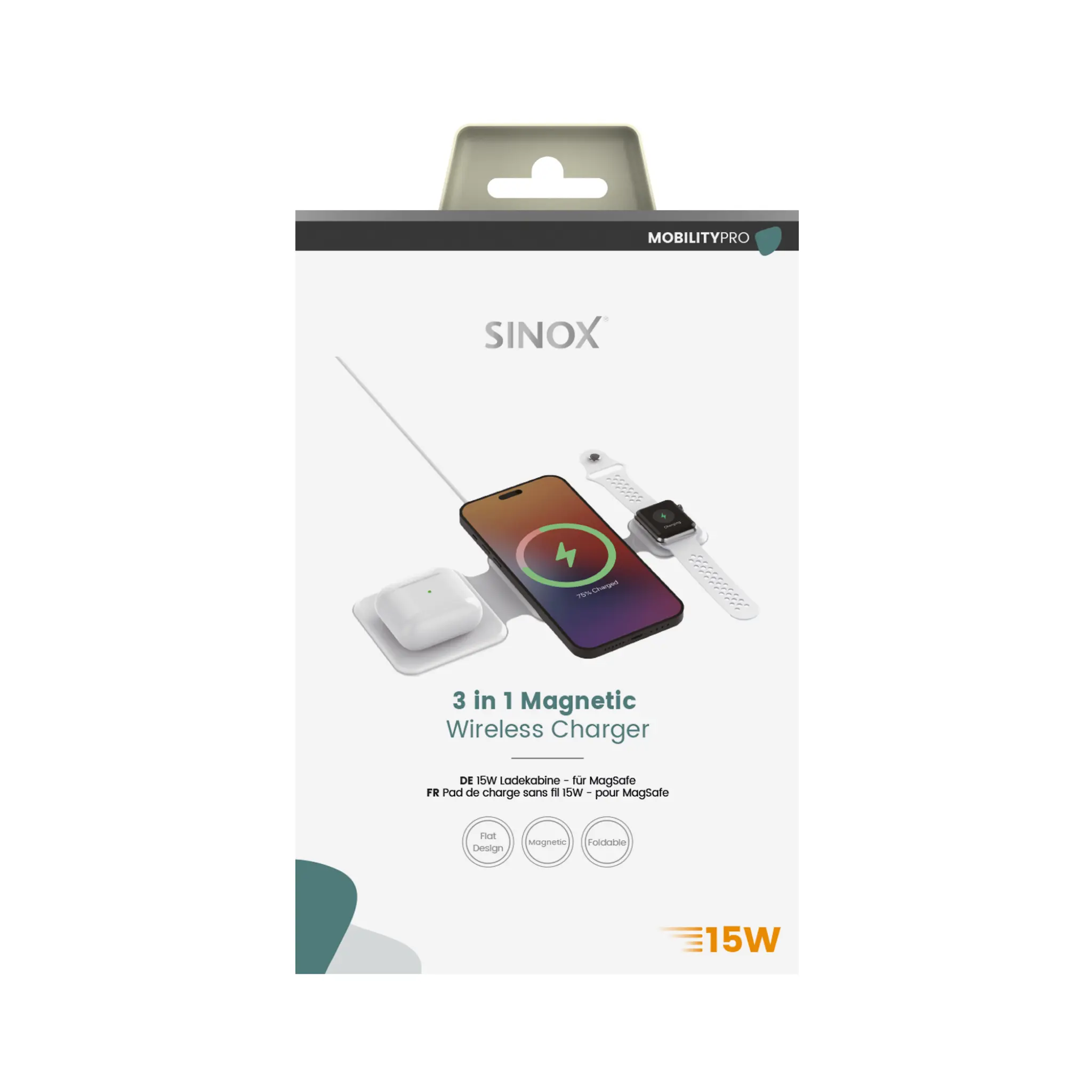 Sinox PRO 3-i-1 trådlös 15W laddare. 1m. Vit