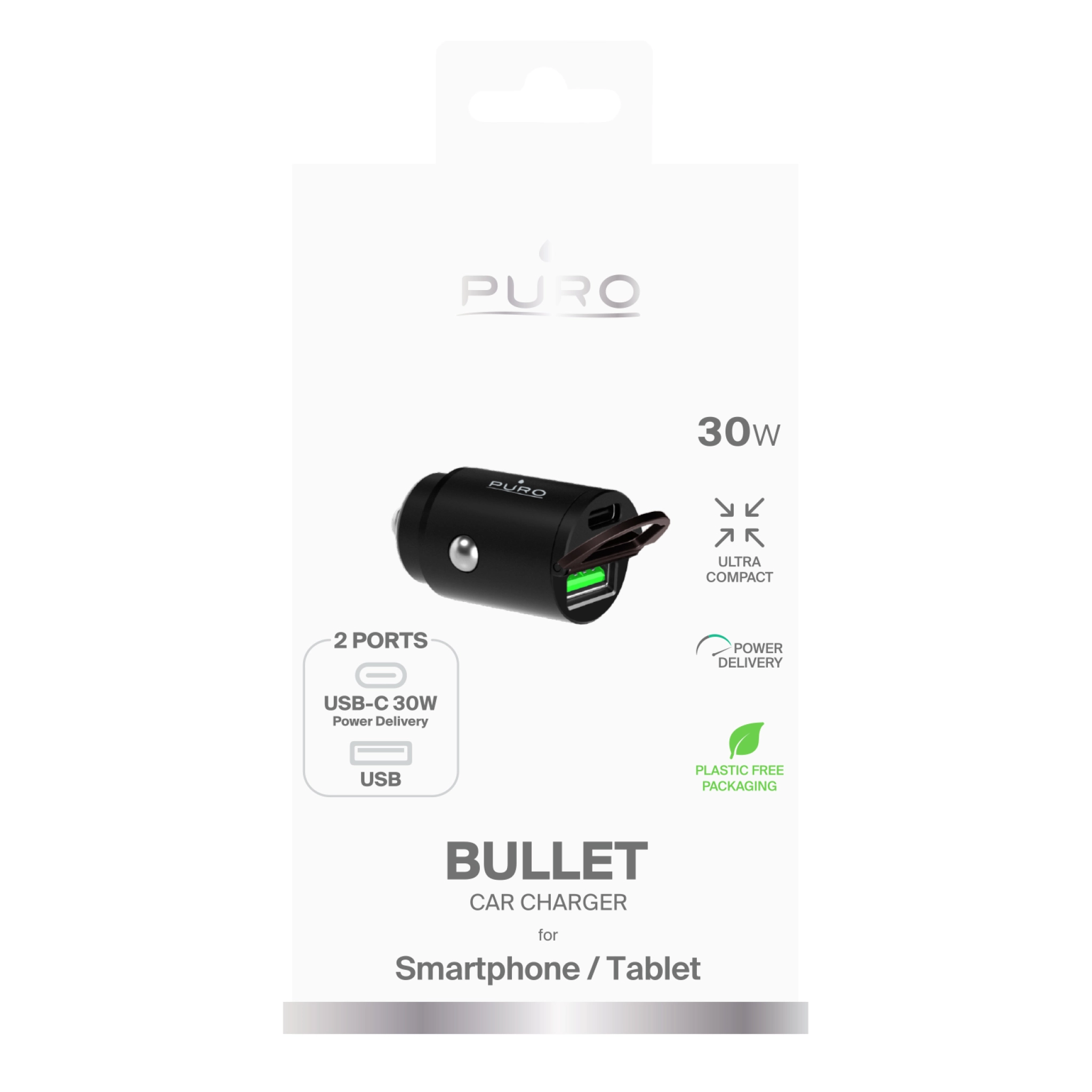 PURO Mini Billaddare "Bullet" USB-C och USB-A Snabbladdning och strömförsörjning 30W