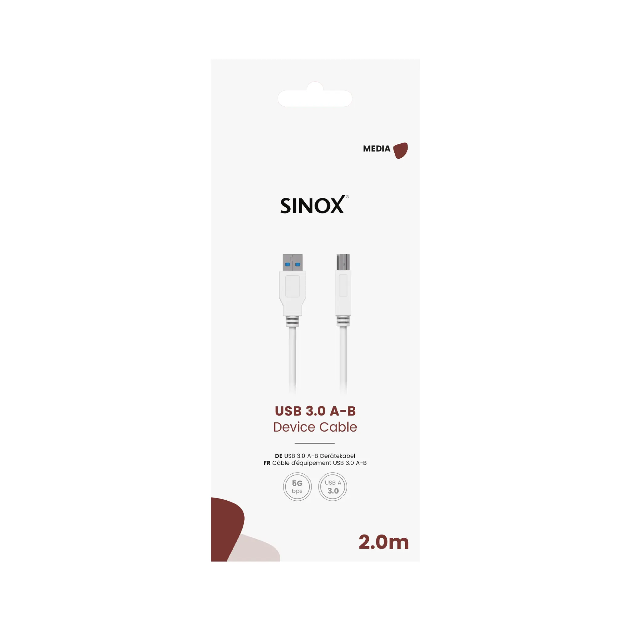 Sinox USB 3.0-kabel. 2m. Vit