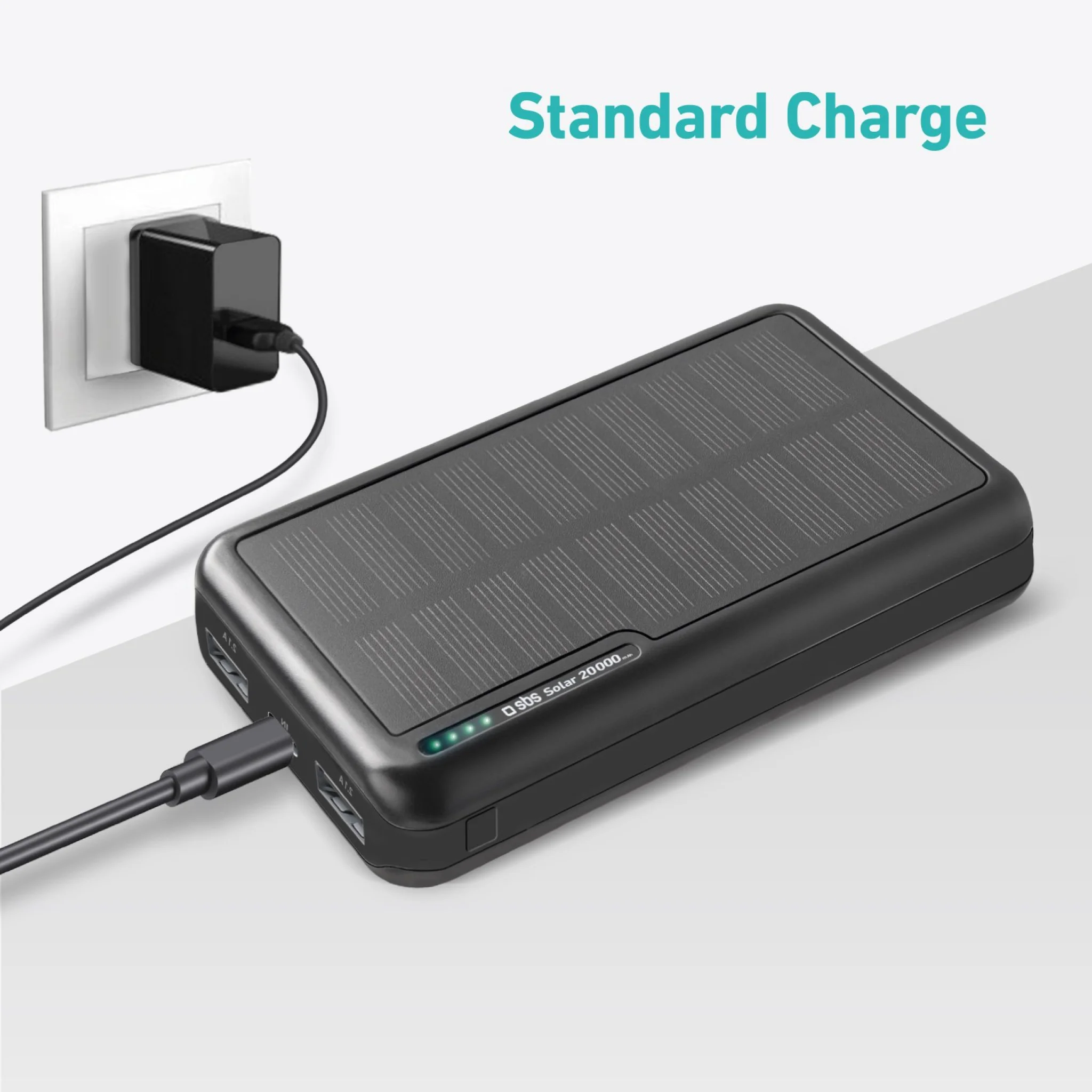 SBS powerbank med solceller. 20.000 mAh. Svart