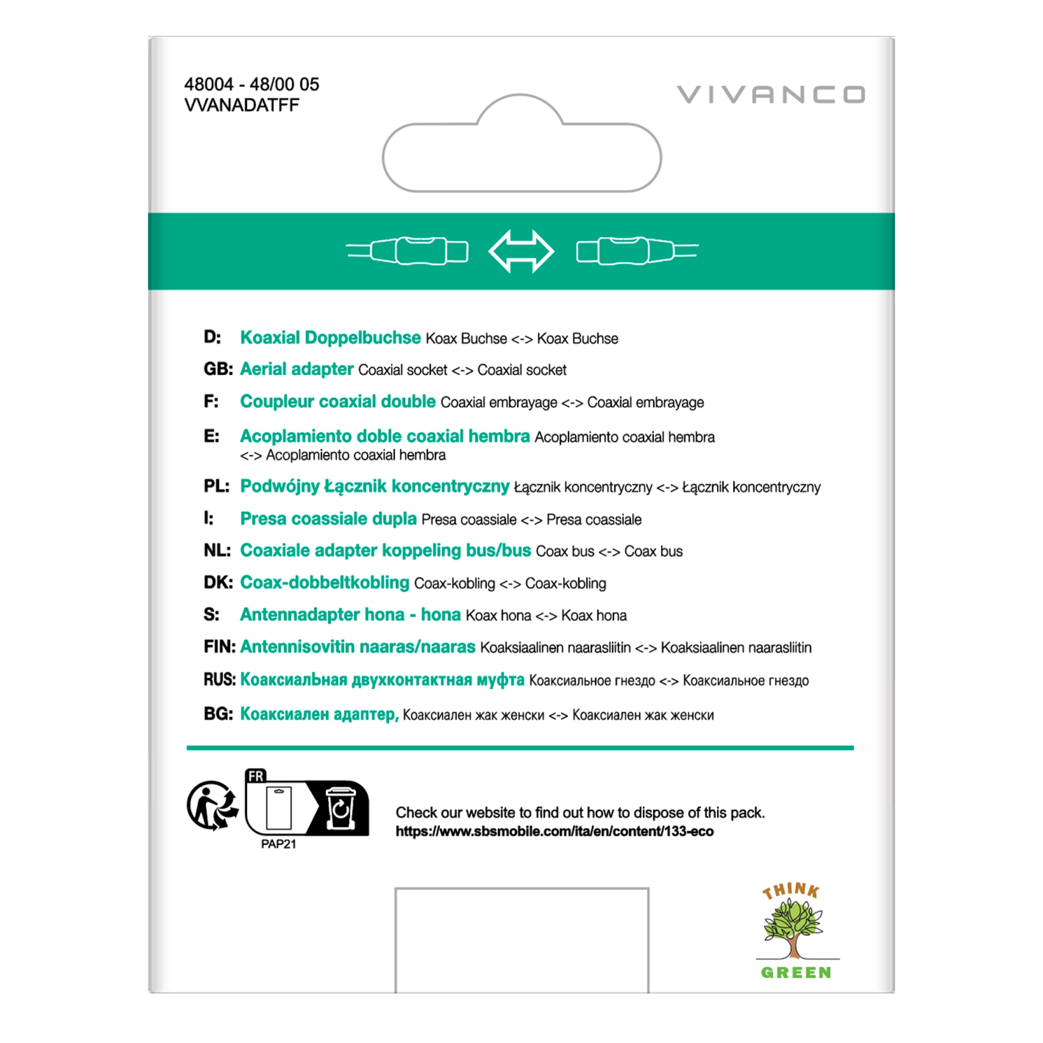 Vivanco koaxial antennadapter, hona till hona