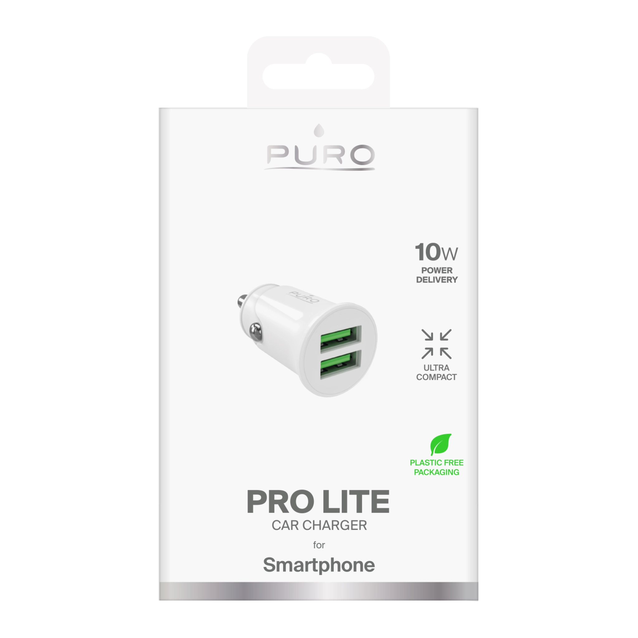 PURO Pro Lite billaddare med 2 USB-A-portar. Vit