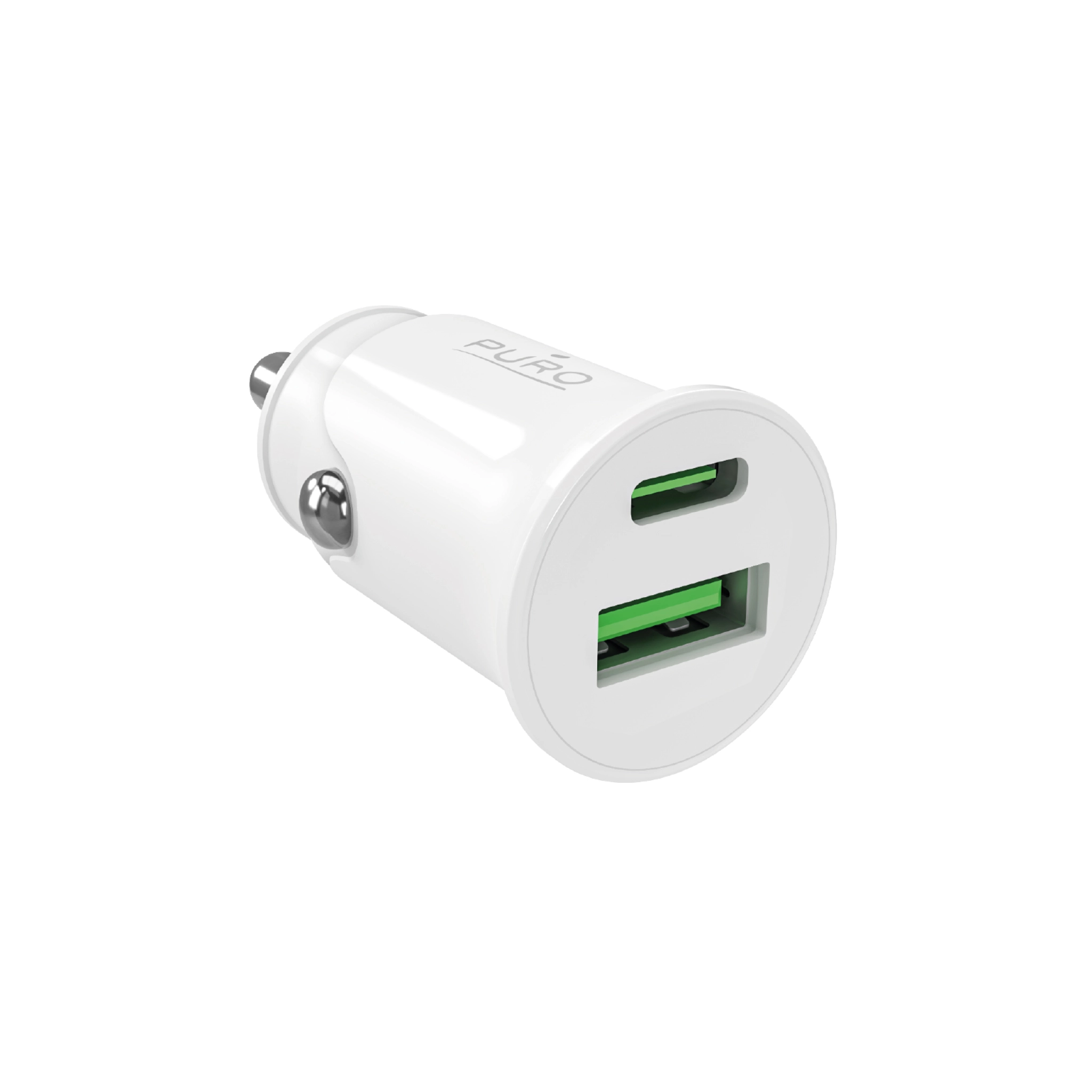 PURO Pro Lite billaddare med 1 USB-A-port och 1 USB-C-port. Vit färg