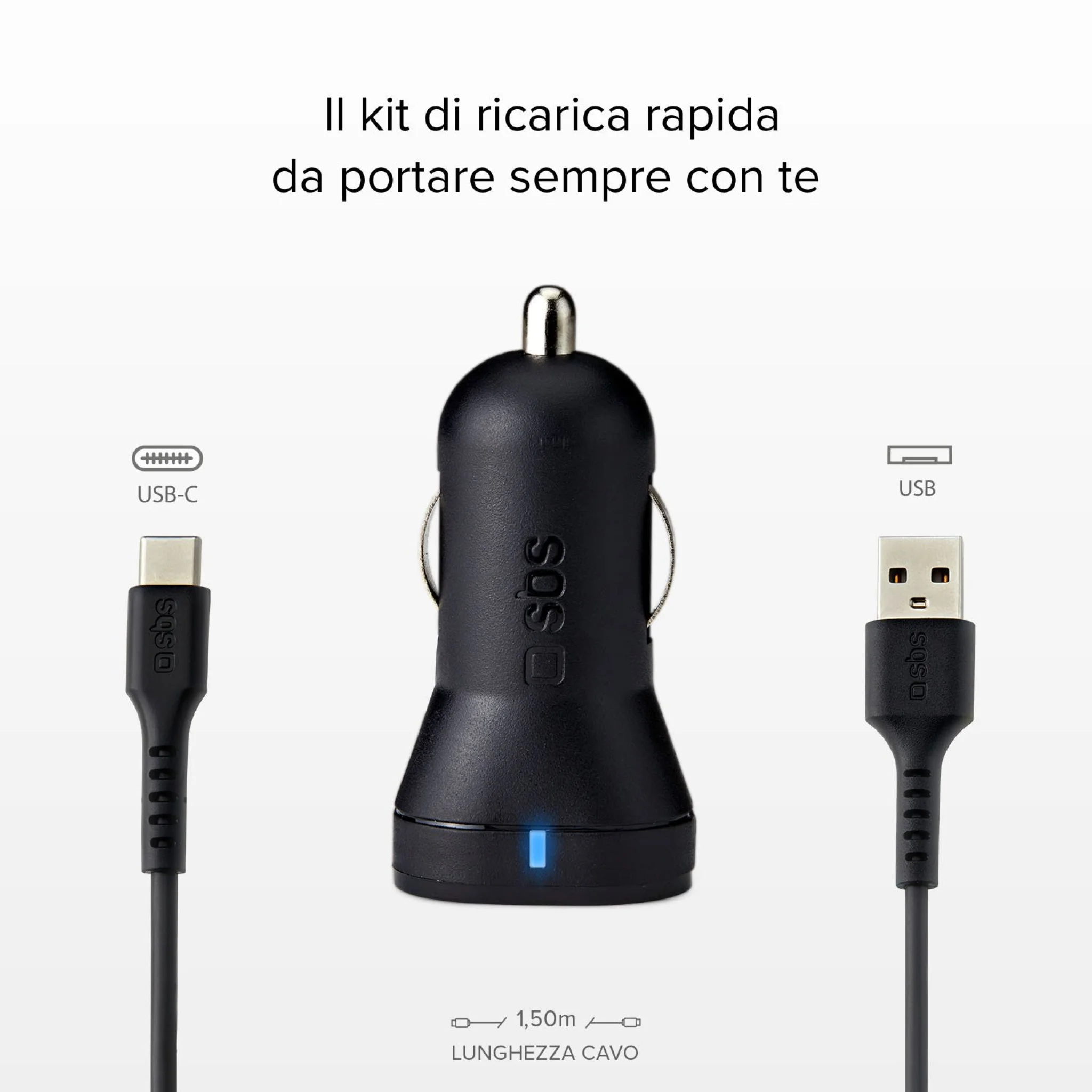 SBS Billaddare med 2 USB-portar och USB-C-kabel. 1m. Svart