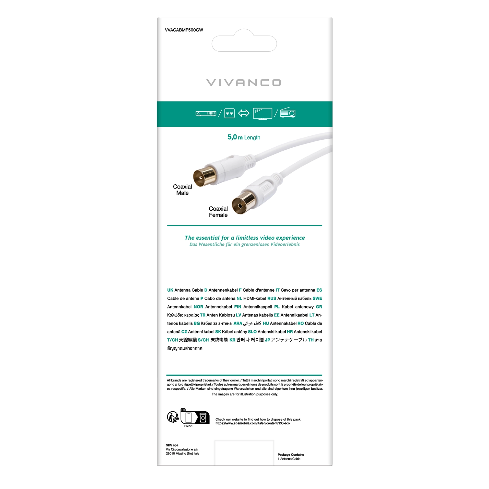 Vivanco Ferrite koaxial antennkabel, 90dB