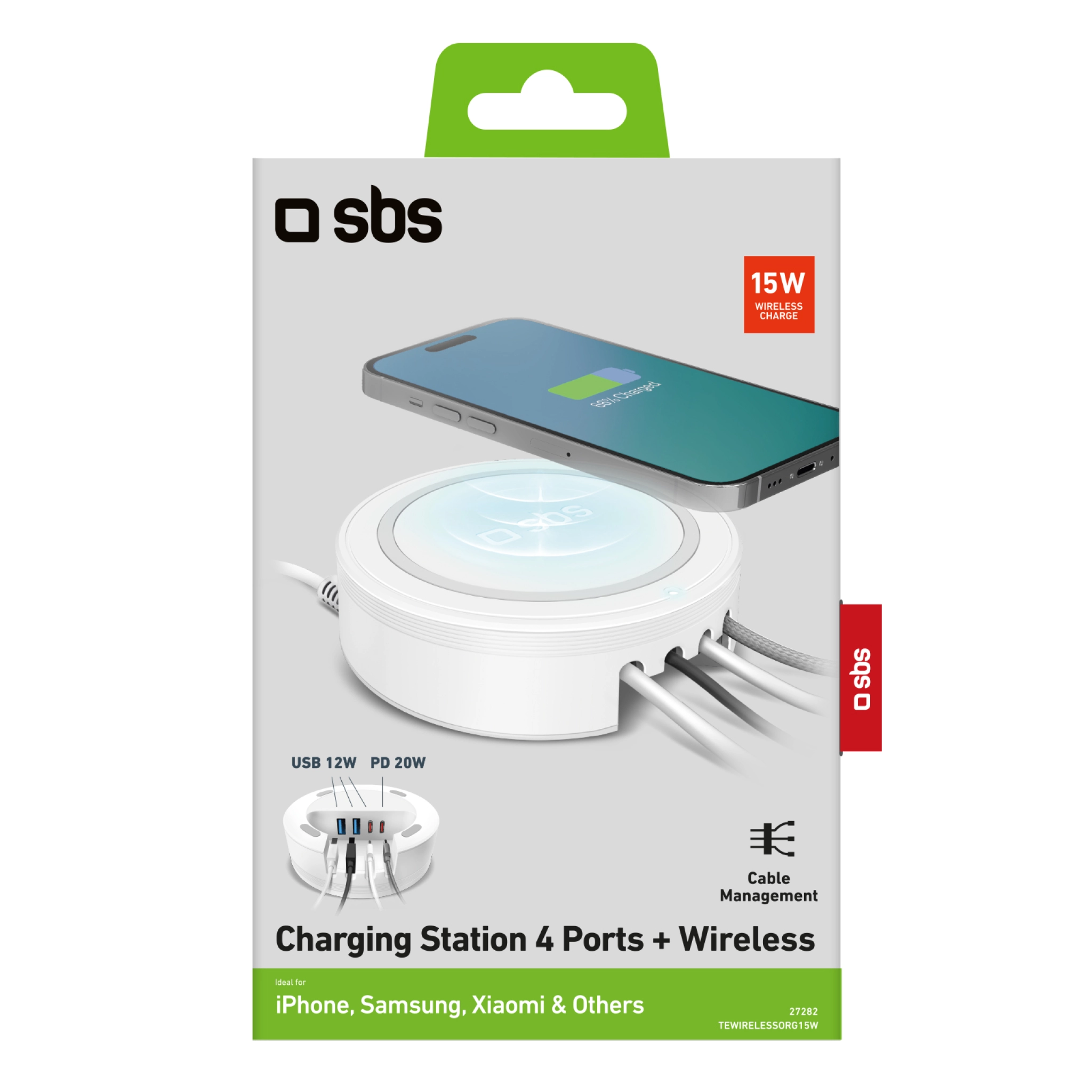 SBS Laddningsstation med 2 USB-A-portar, 2 USB-C-portar och trådlös laddare. Vit färg