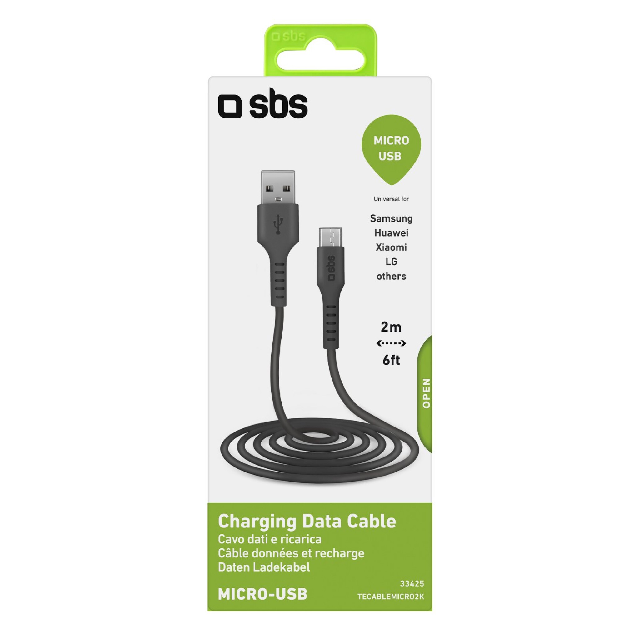 SBS Micro USB-kabel. 2 m. Svart