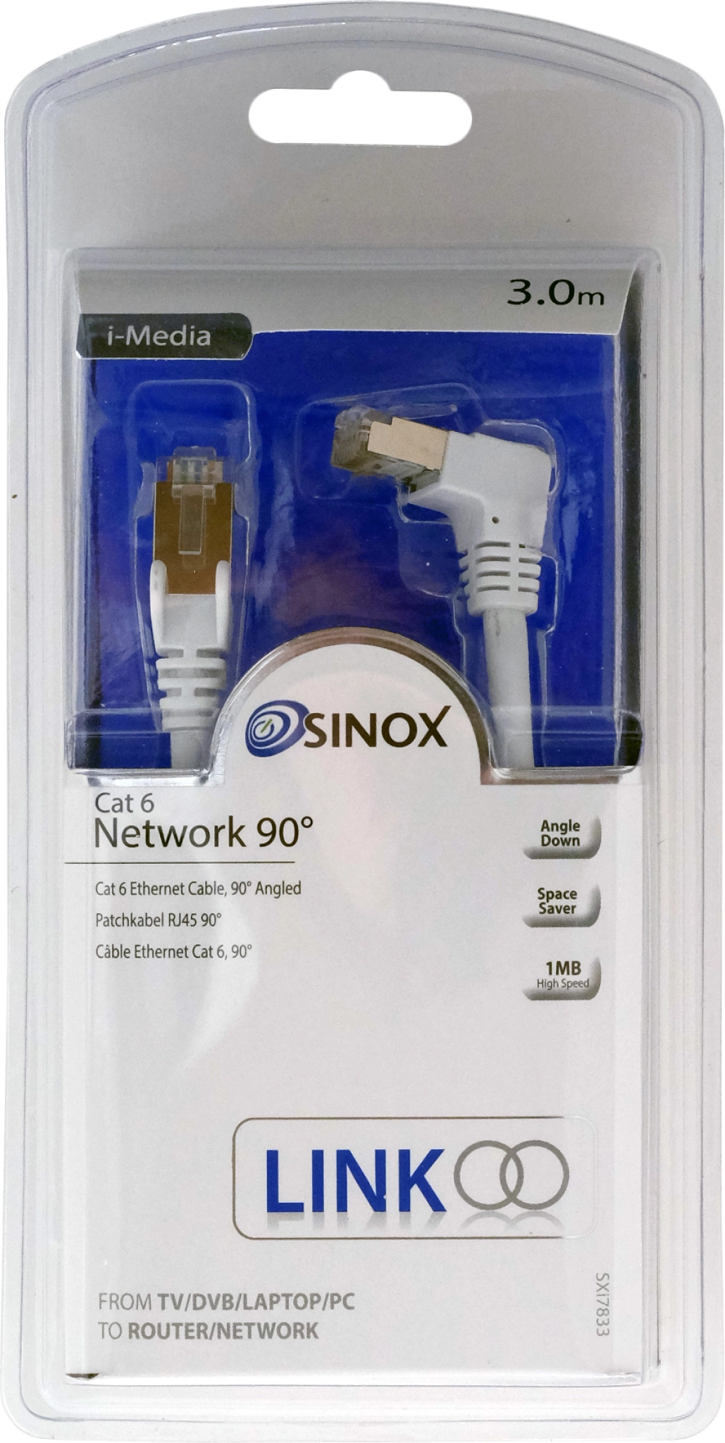 Sinox Cat6 nätverkskabel. 3m. Vit