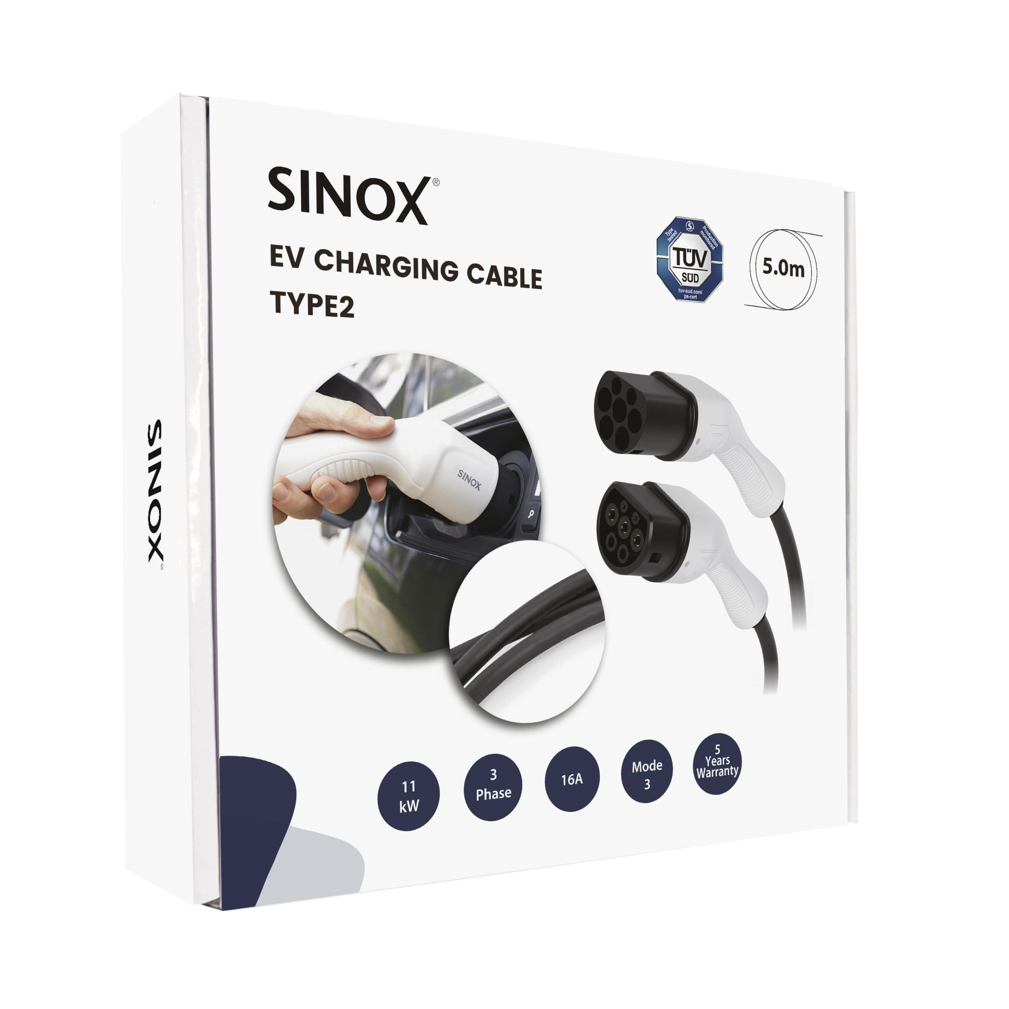 Sinox EV-laddningskabel mode 3. 16A 3 faser. 5m. Svart