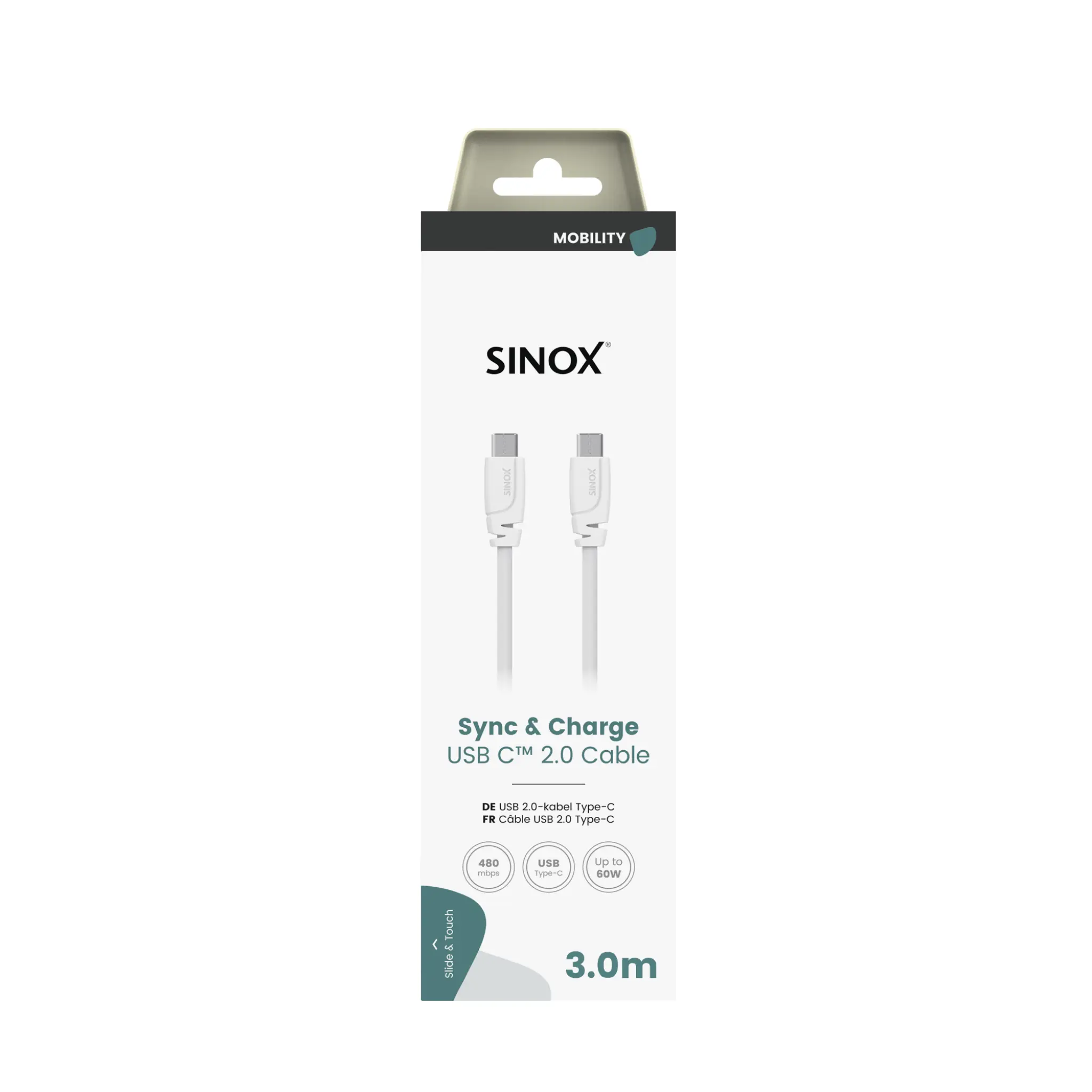 Sinox USB C 2.0-kabel. 3m. Vit