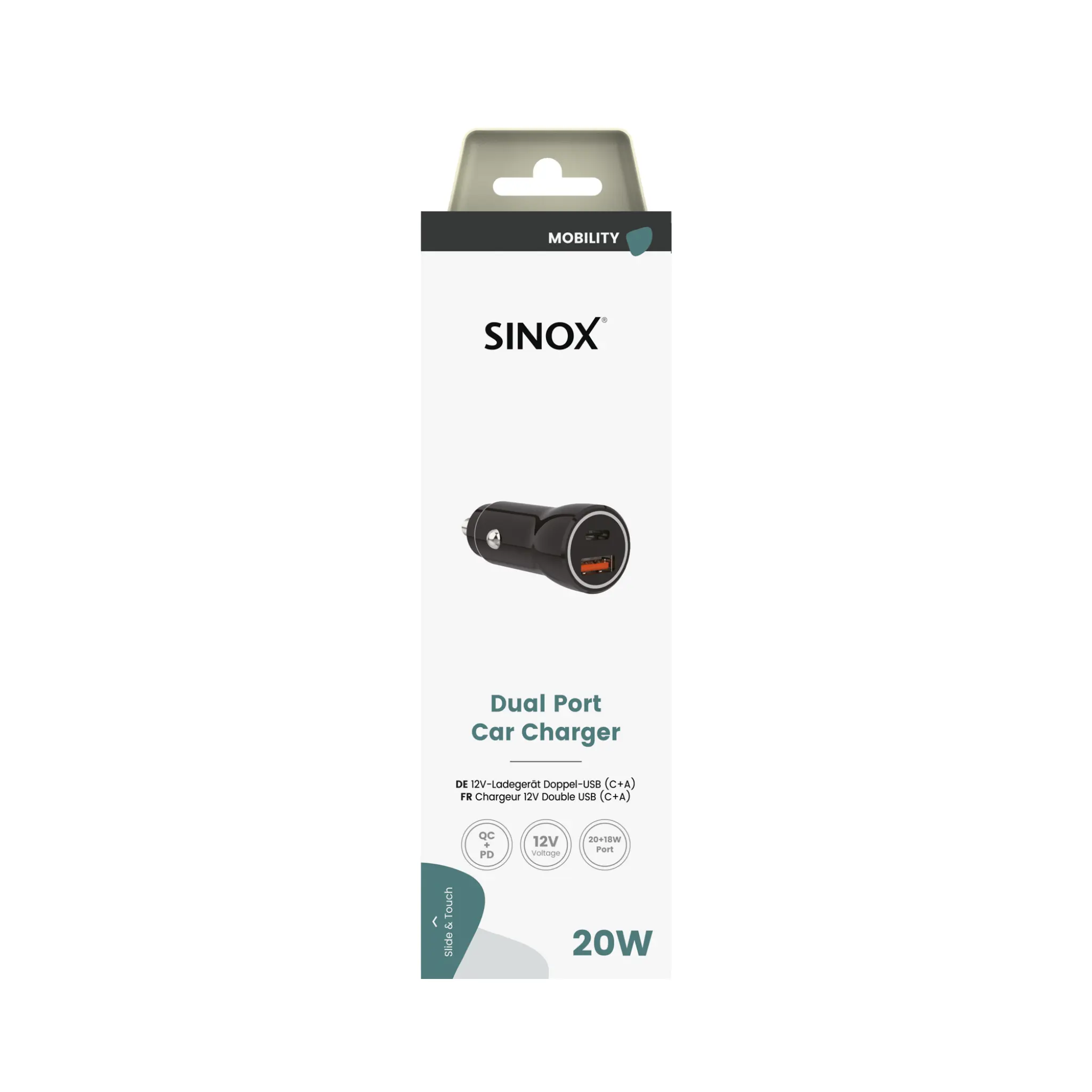 Sinox 12V dubbel billaddare. USB A 18W + USB C 20W. Svart