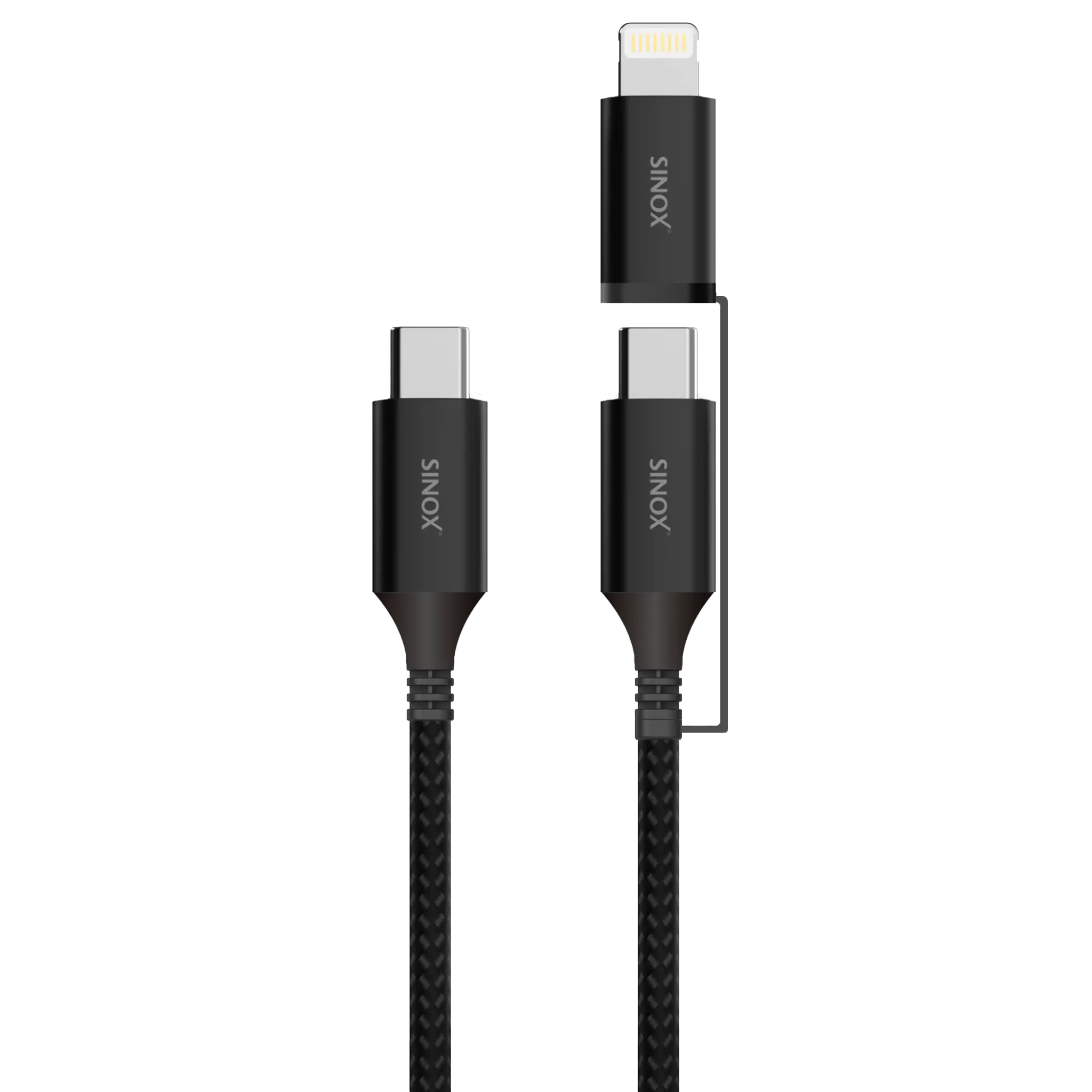 Sinox PRO 2-i-1-kabel med USB-C och Lightning. 1.5m. Flätad. Svart