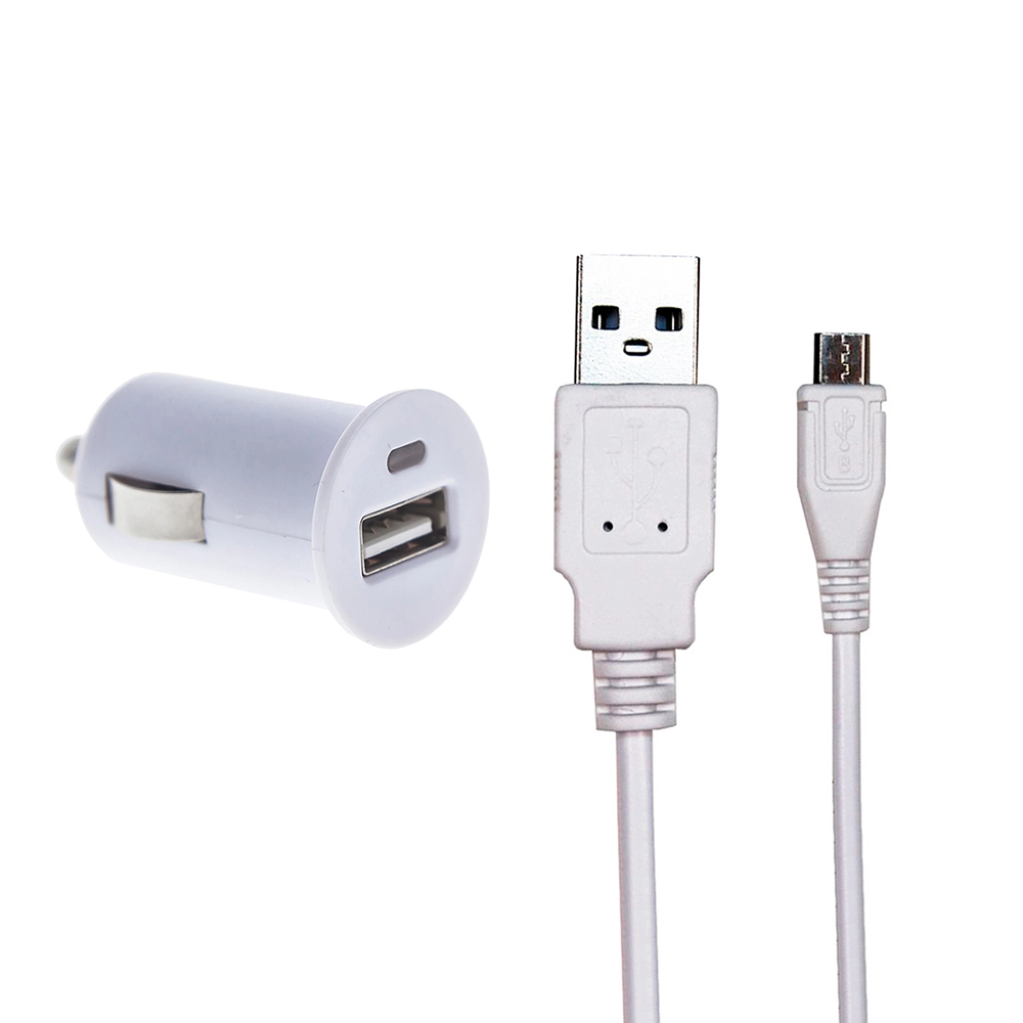 Sinox USB A billaddare med mikro-USB-kabel. 2,4A. 1,5m. Vit