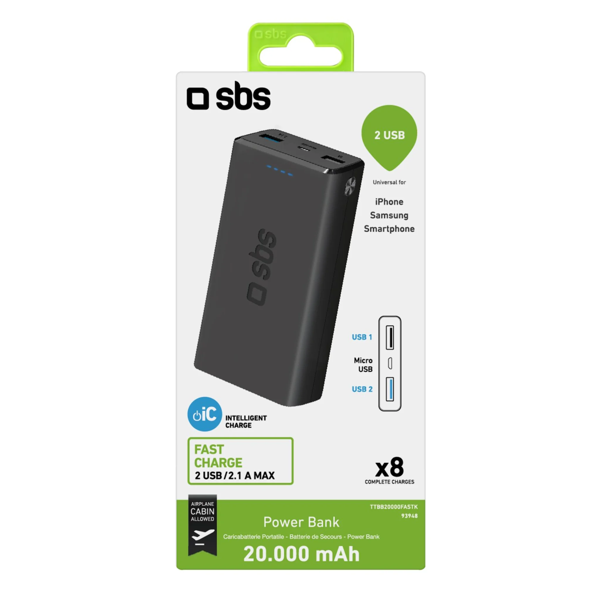 SBS Powerbank 20.000 mAh. Svart