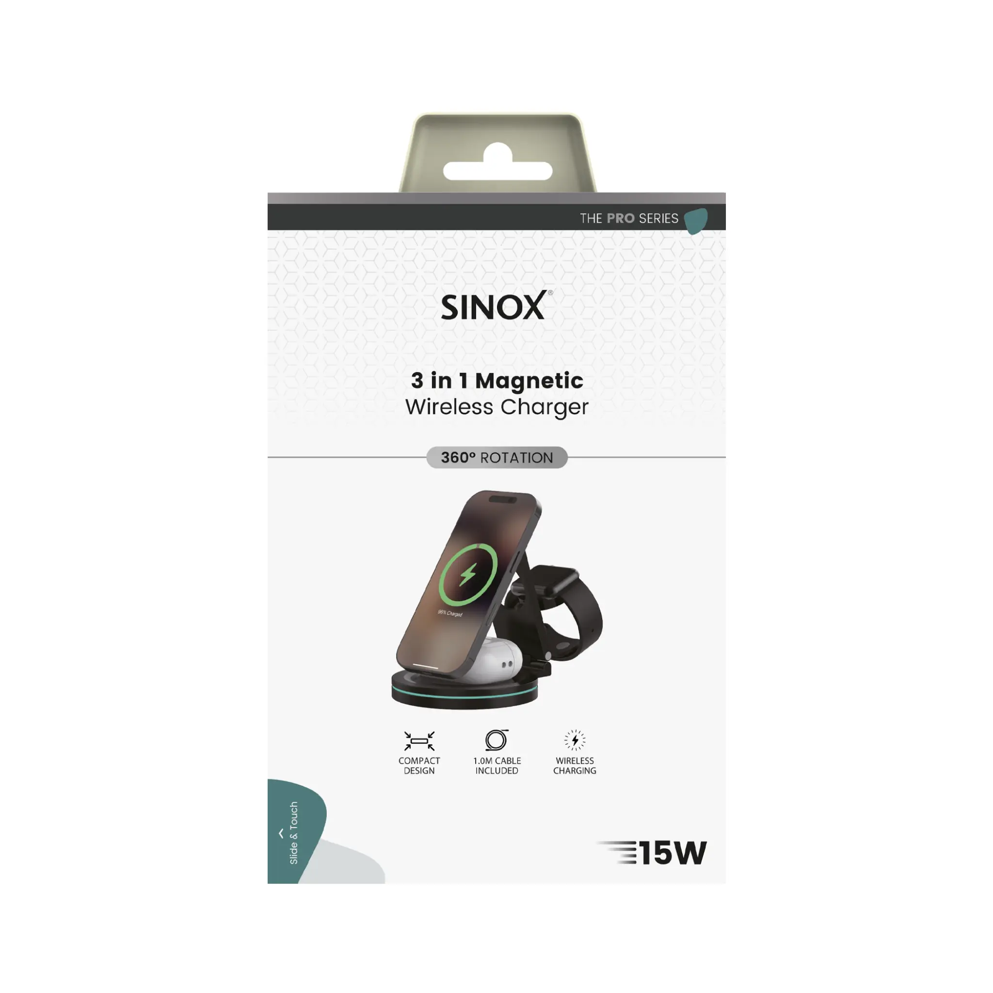 Sinox PRO 3-i-1 trådlöst 15W laddningsstativ. Svart