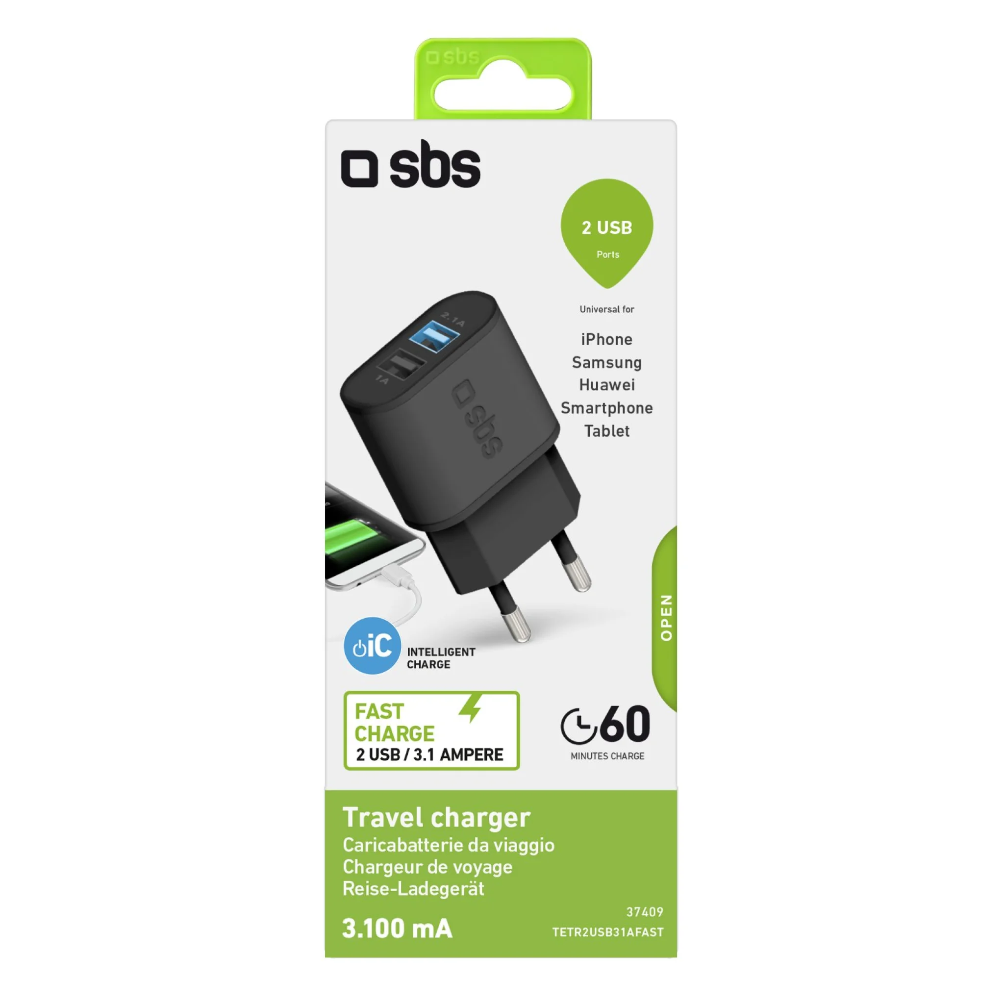 SBS 3100 mAh laddare. 2,1A + 1A. Svart