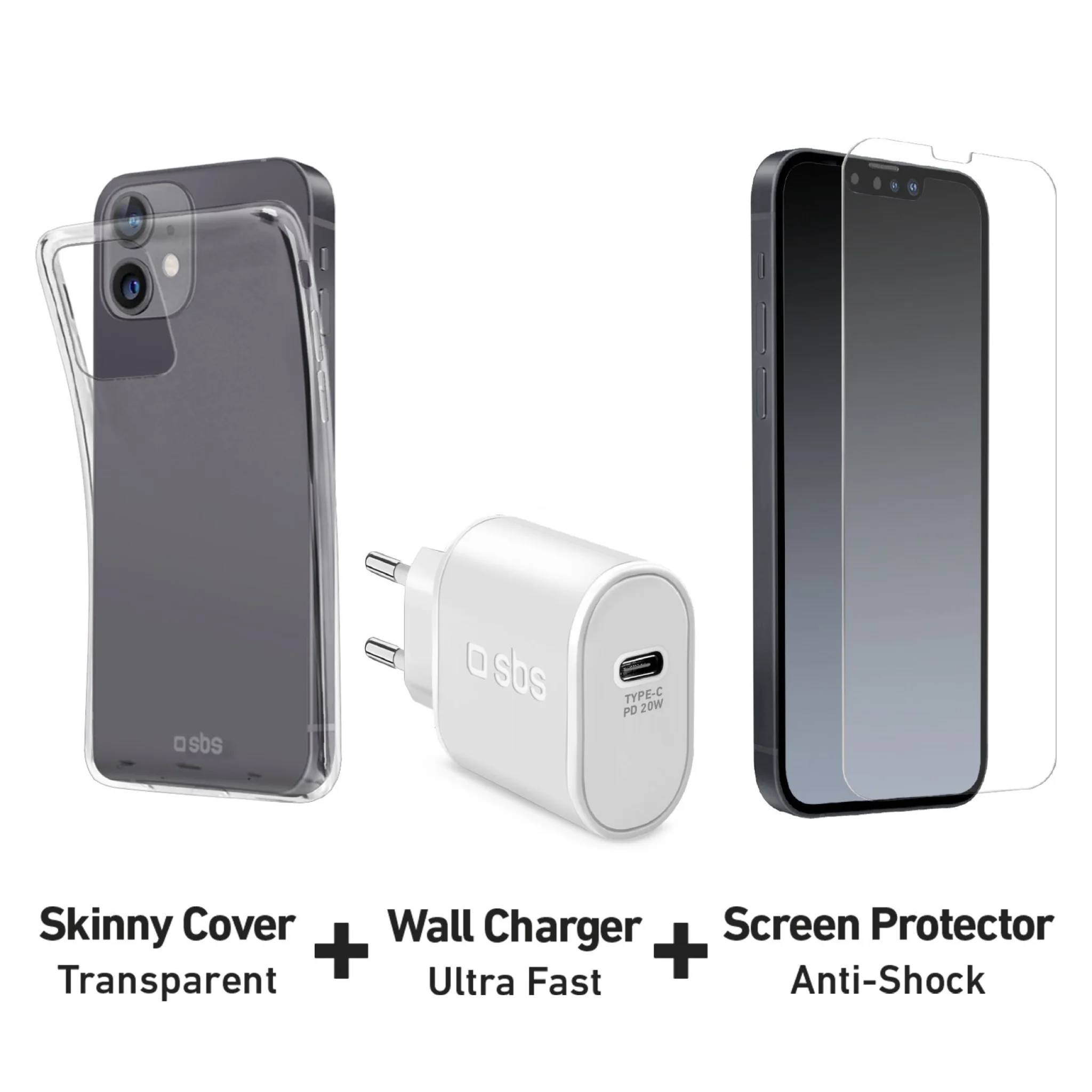 SBS set bestående av SBS-laddare, mobilskal och skyddsglas för iPhone 13®