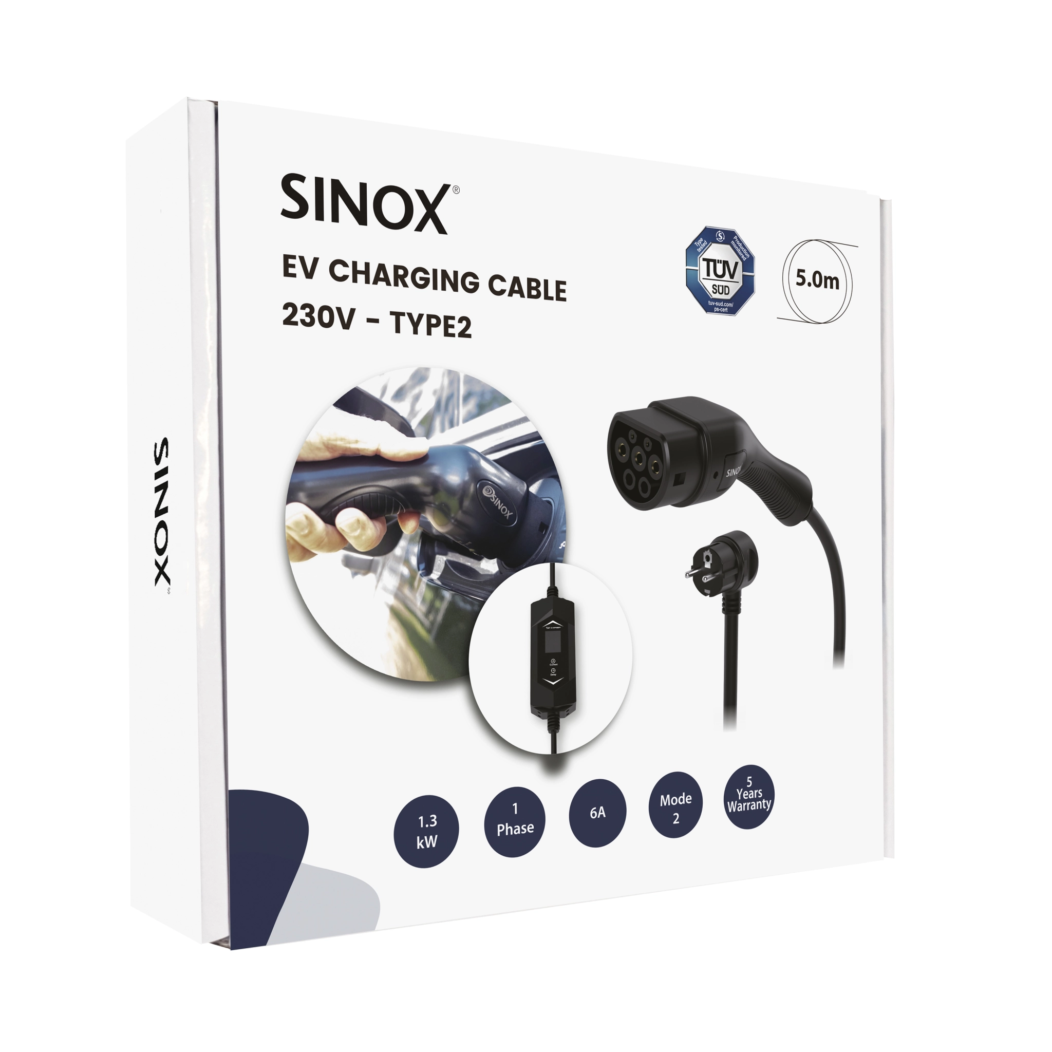 Sinox EV-laddningskabel mode 2. 6A 1 fas. 5m. Svart