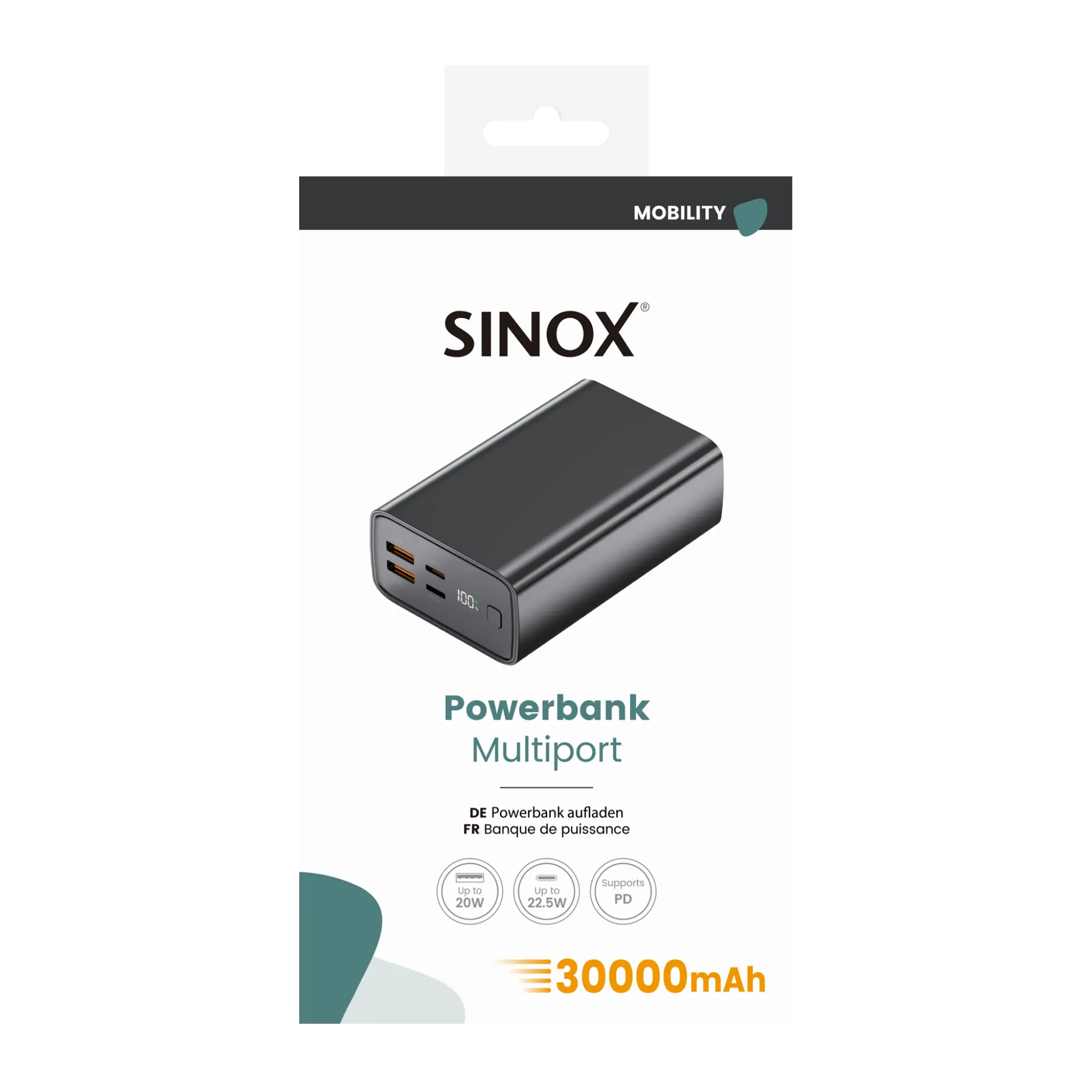 Sinox Power Bank 30 000 mAh. Svart