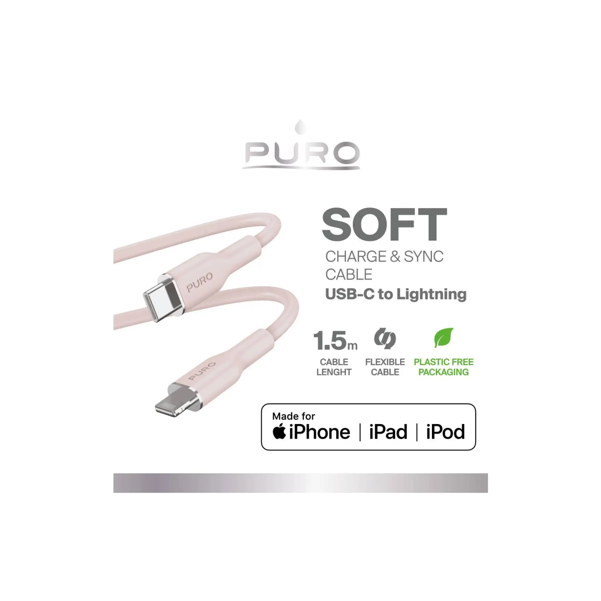 PURO SOFT-kabel för ström- och datasynkronisering från USB-C till Lightning 1,5 m