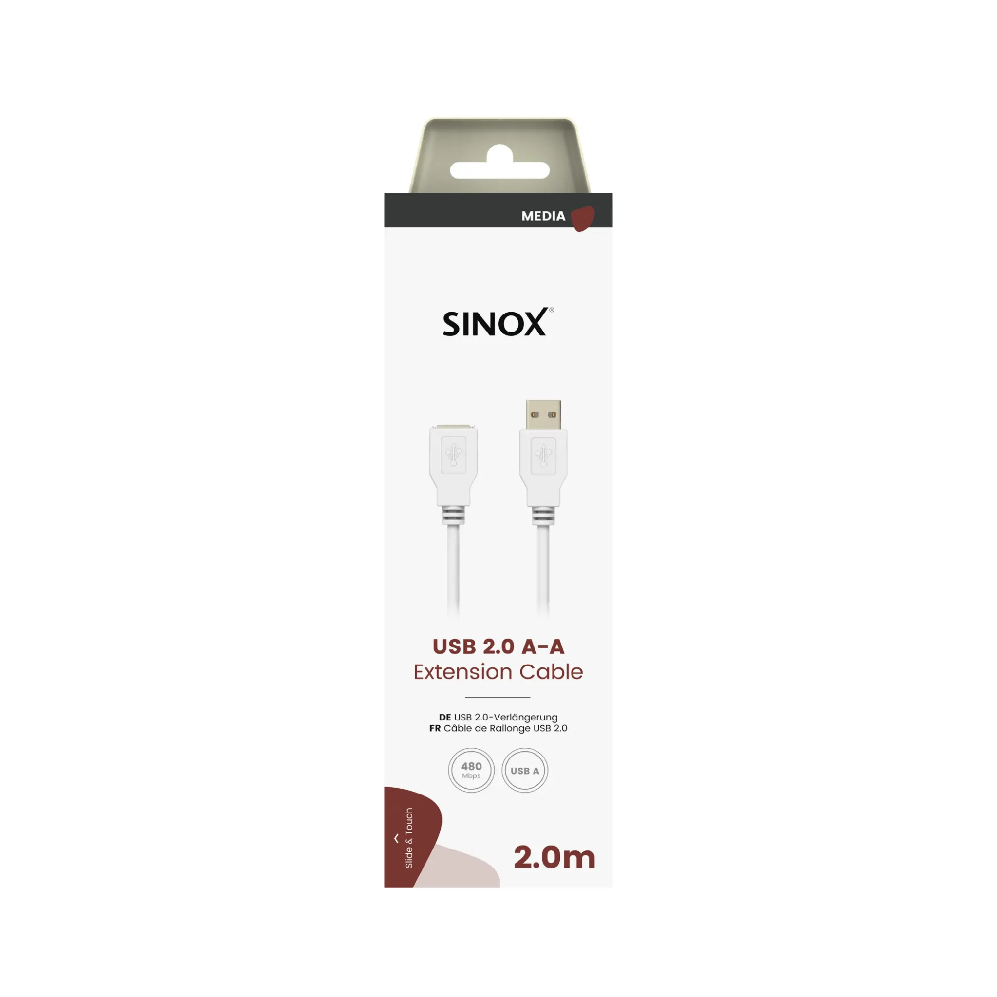 Sinox USB 2.0 förlängningskabel. 2m. Vit